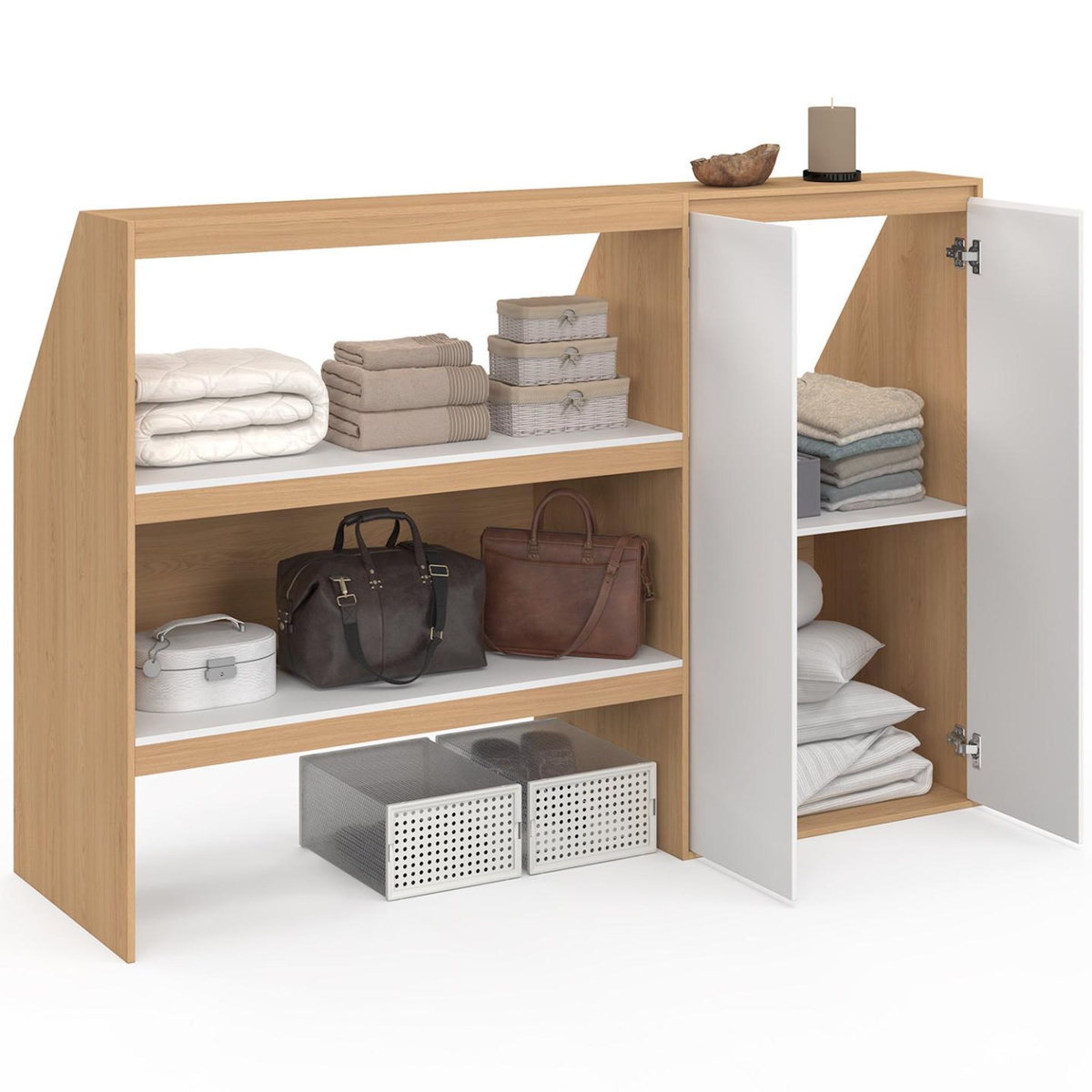 ID MARKET Ensemble étagère 2 niveaux + armoire 2 portes sous pente TOMI hêtre et blanc