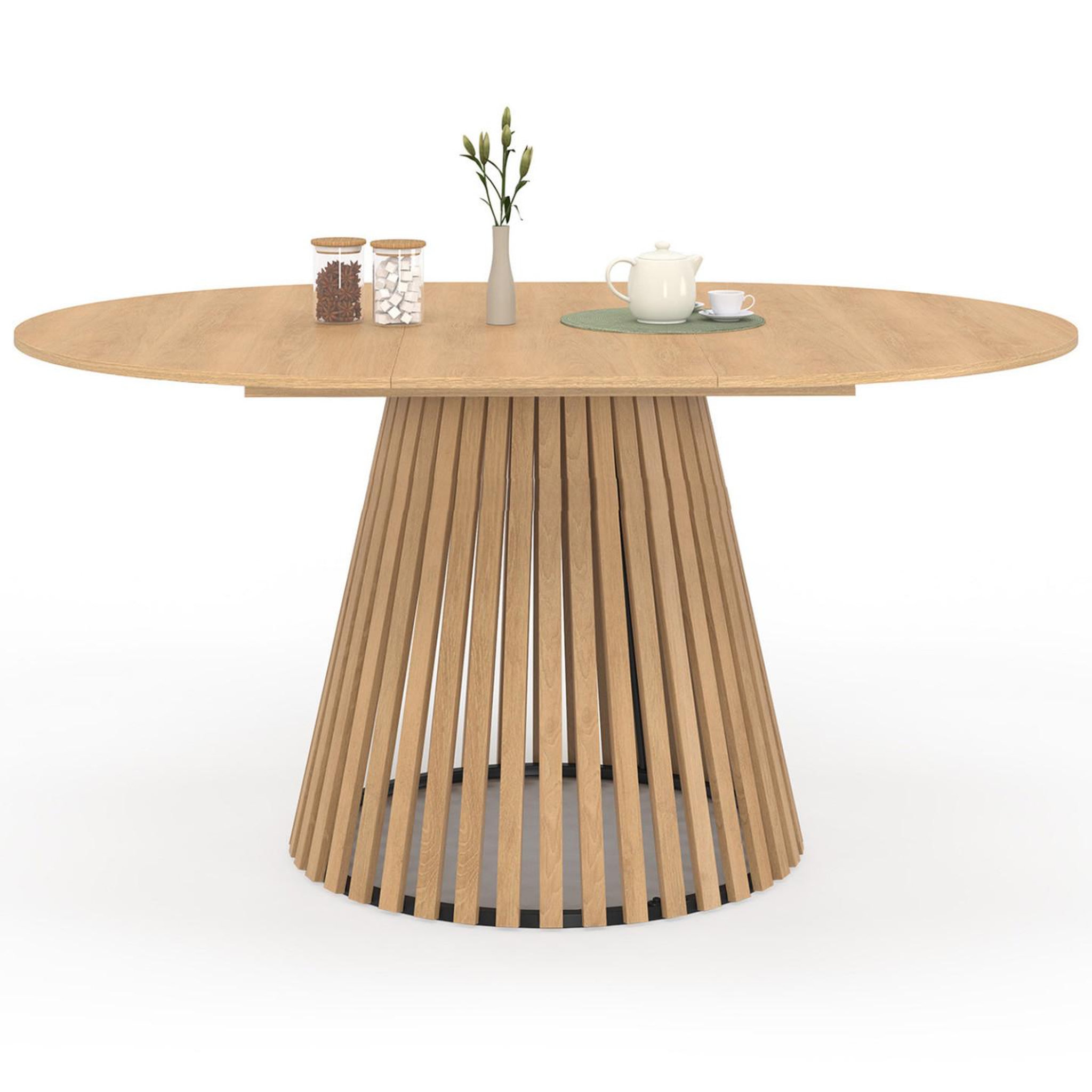 ID MARKET Table à manger extensible ronde carmen 4-8 personnes pied bois en lattes et plateau bois 110 - 150 cm