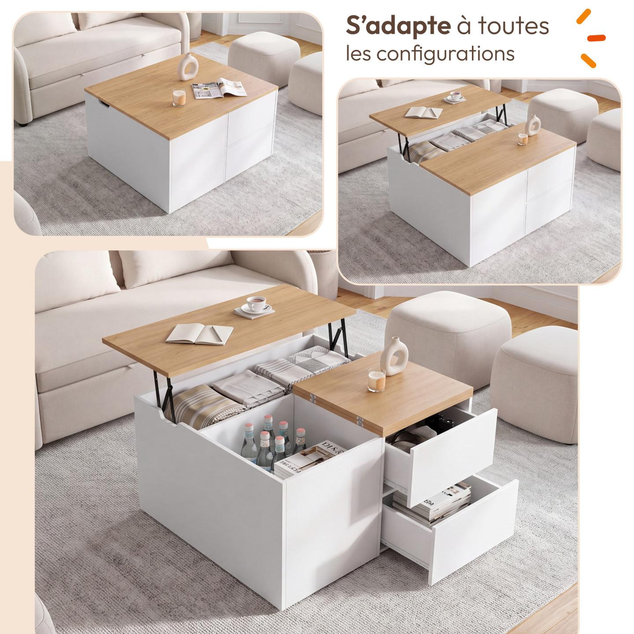 Voir la diapositive 3 : ID MARKET Table basse plateau relevable carrée CALIA 80 cm avec 2 coffres et 2 tiroirs blanc et bois