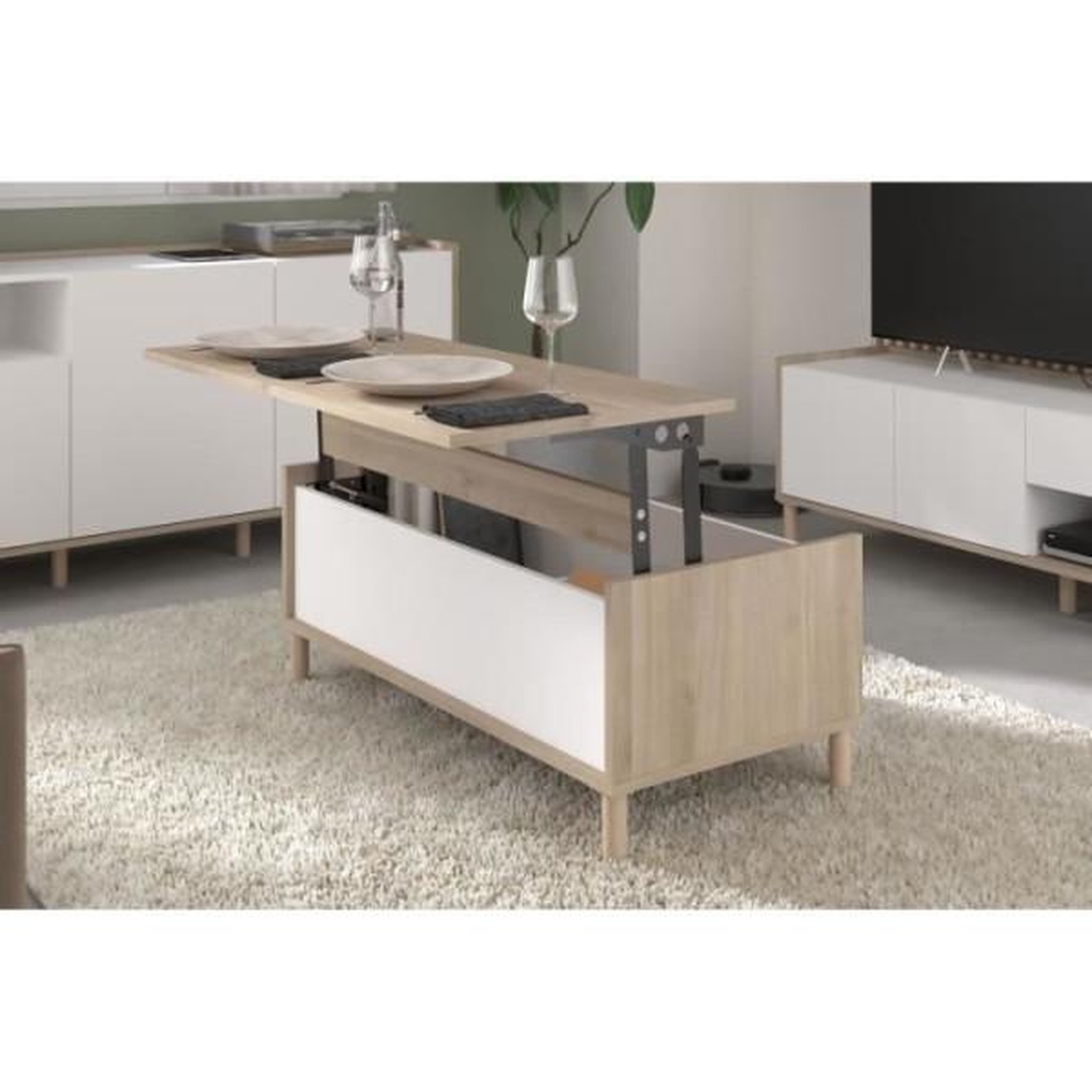 Voir la diapositive 3 : PARISOT Table basse relevable morphos - l 100 x p 50 x h 43,6 cm - rectangulaire - décor blanc / chene - parisot
