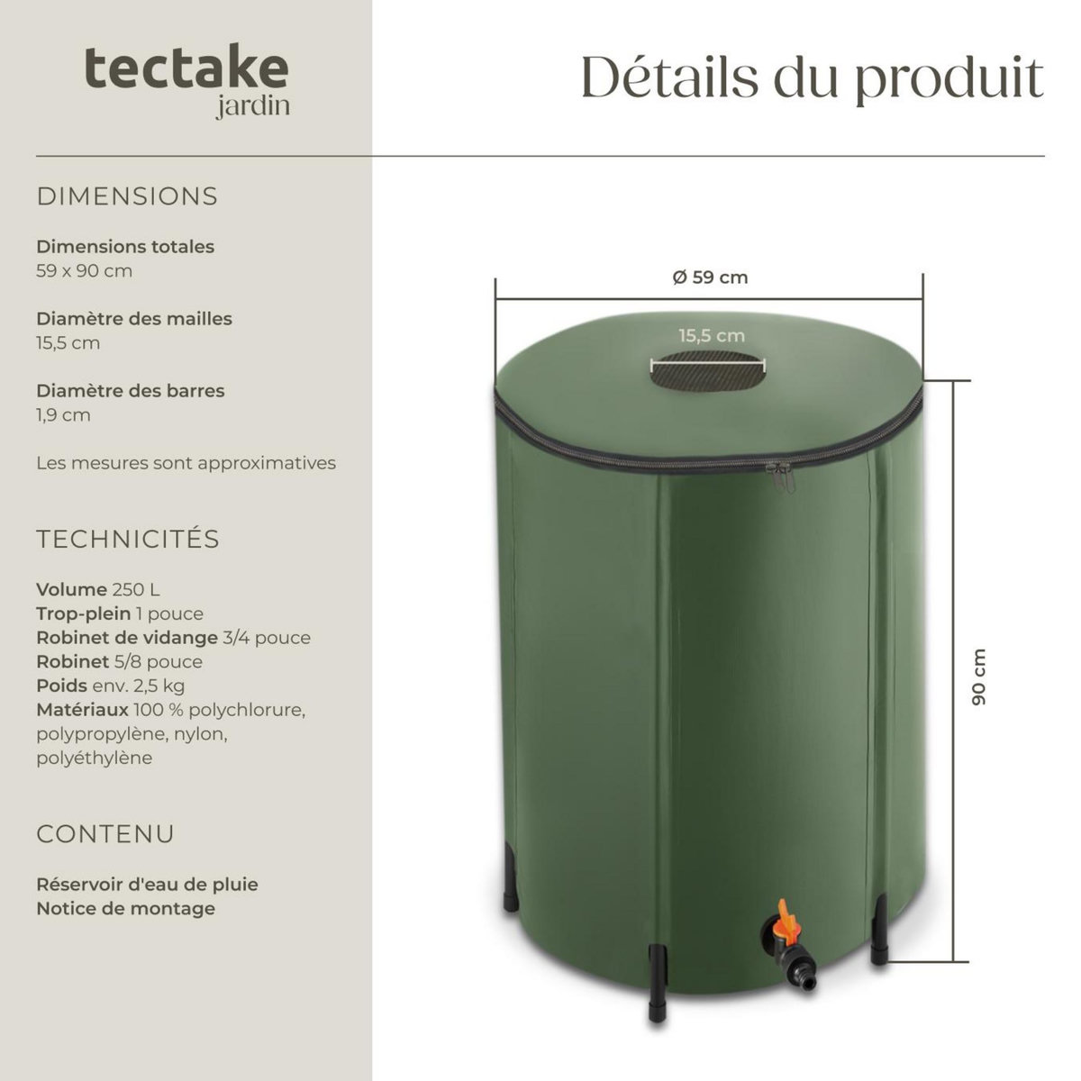 tectake Tonneau récupérateur d'eau de pluie avec robinet et protection anti-débordement vert 250 L