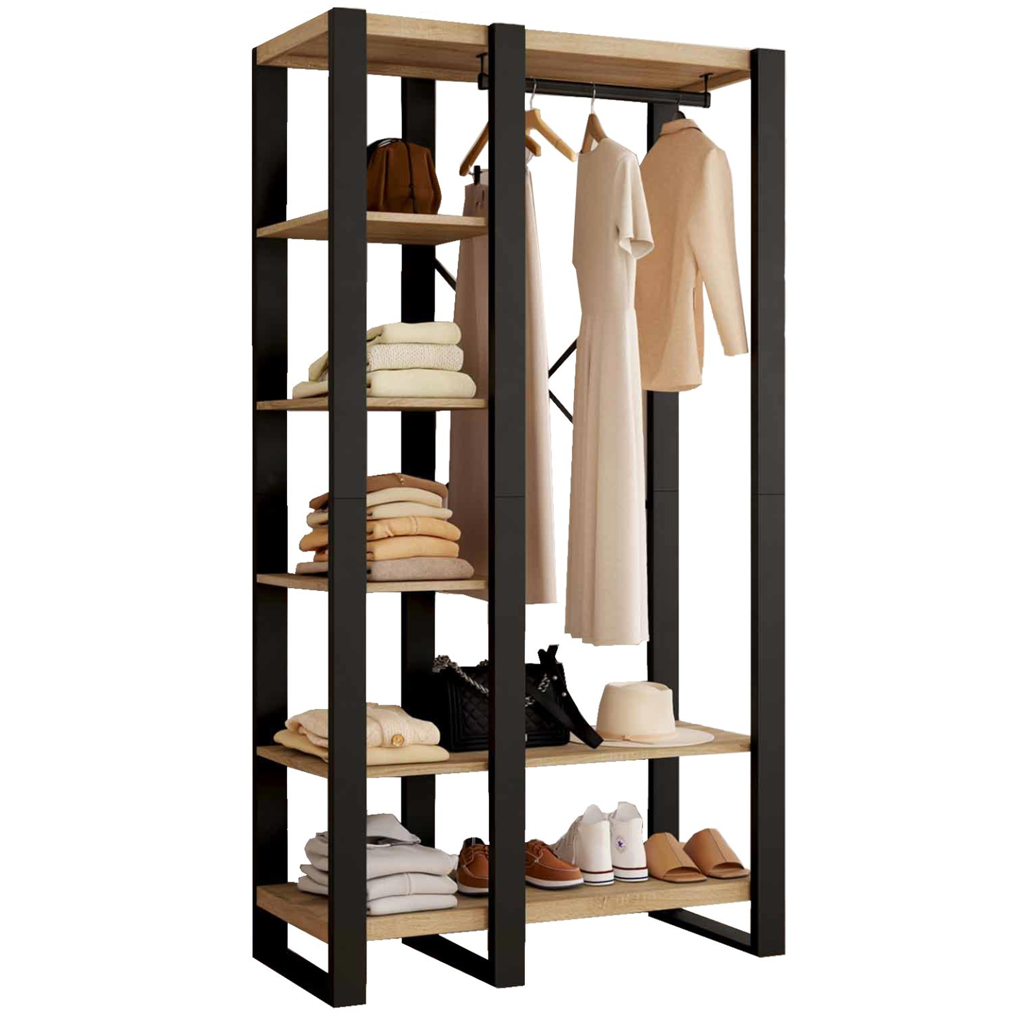 Voir la diapositive 1 : ID MARKET Dressing penderie étagère ONYX bois et noir