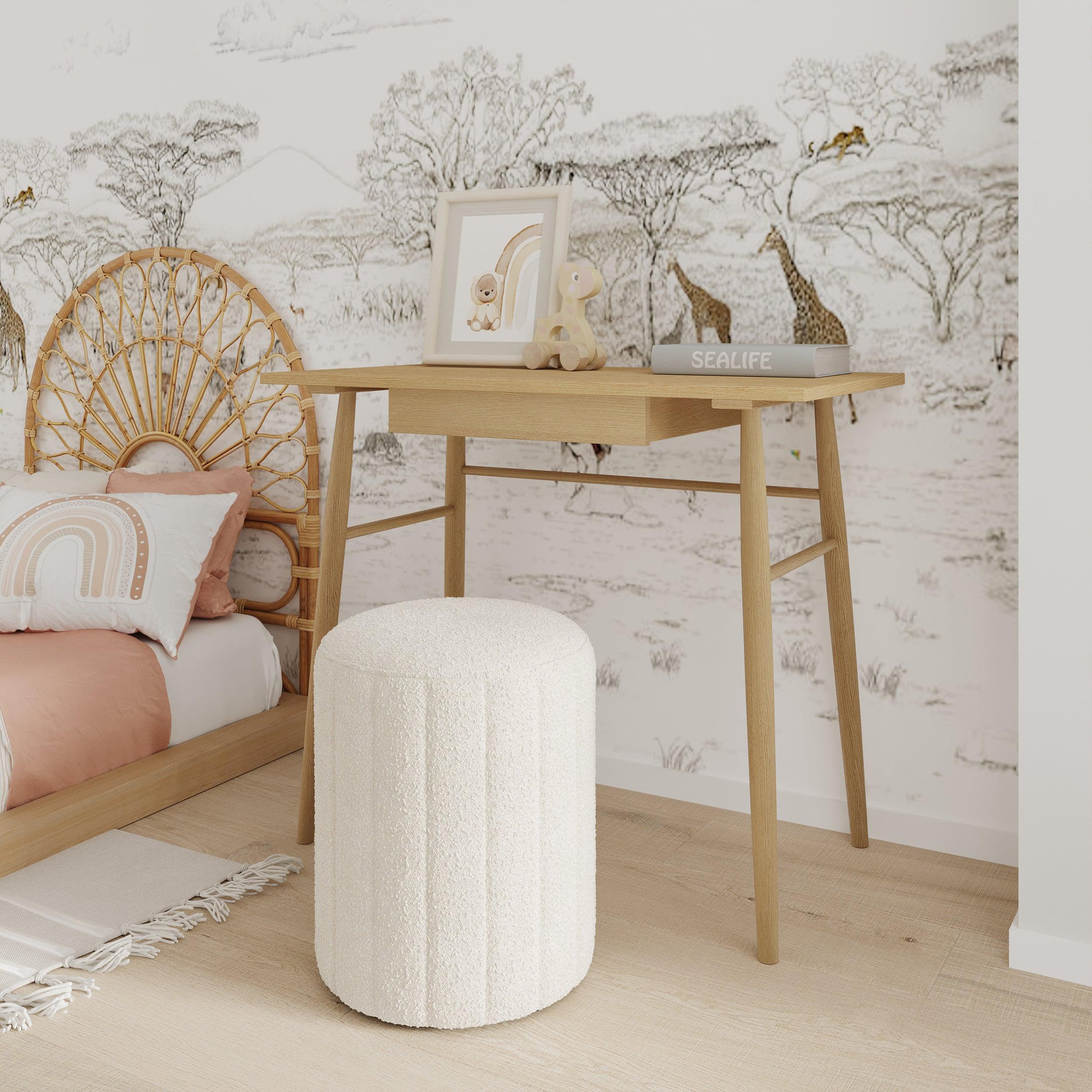 Voir la diapositive 5 : MAISON PAVANE Pouf rond en tissu blanc bouclé-eva