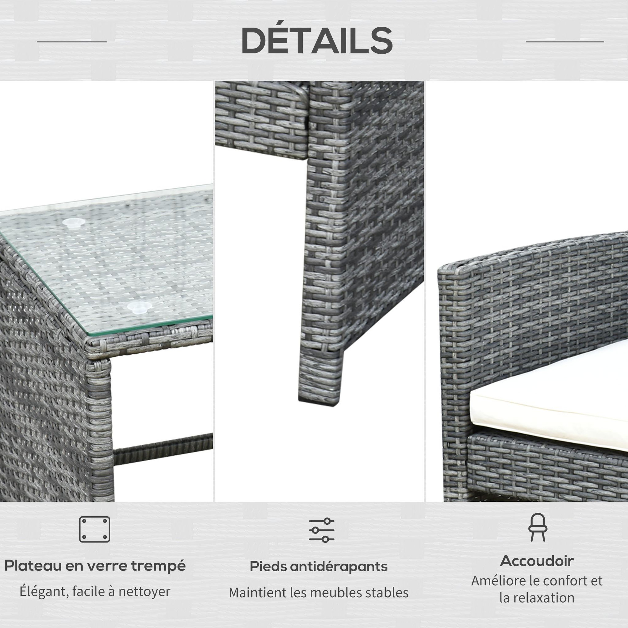 Voir la diapositive 6 : OUTSUNNY Outsunny Ensemble salon de jardin 4 places : canapé, 2 fauteuils et table basse plateau verre trempé résine tressée imitation rotin gris coussins crème