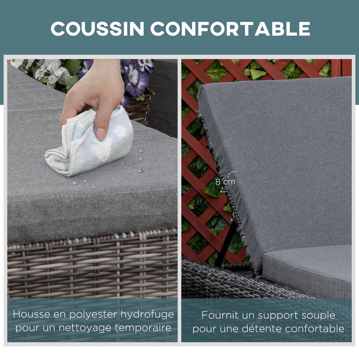 OUTSUNNY Bain de soleil transat grand confort matelas inclinaison réglable multipositions résine tressée grise