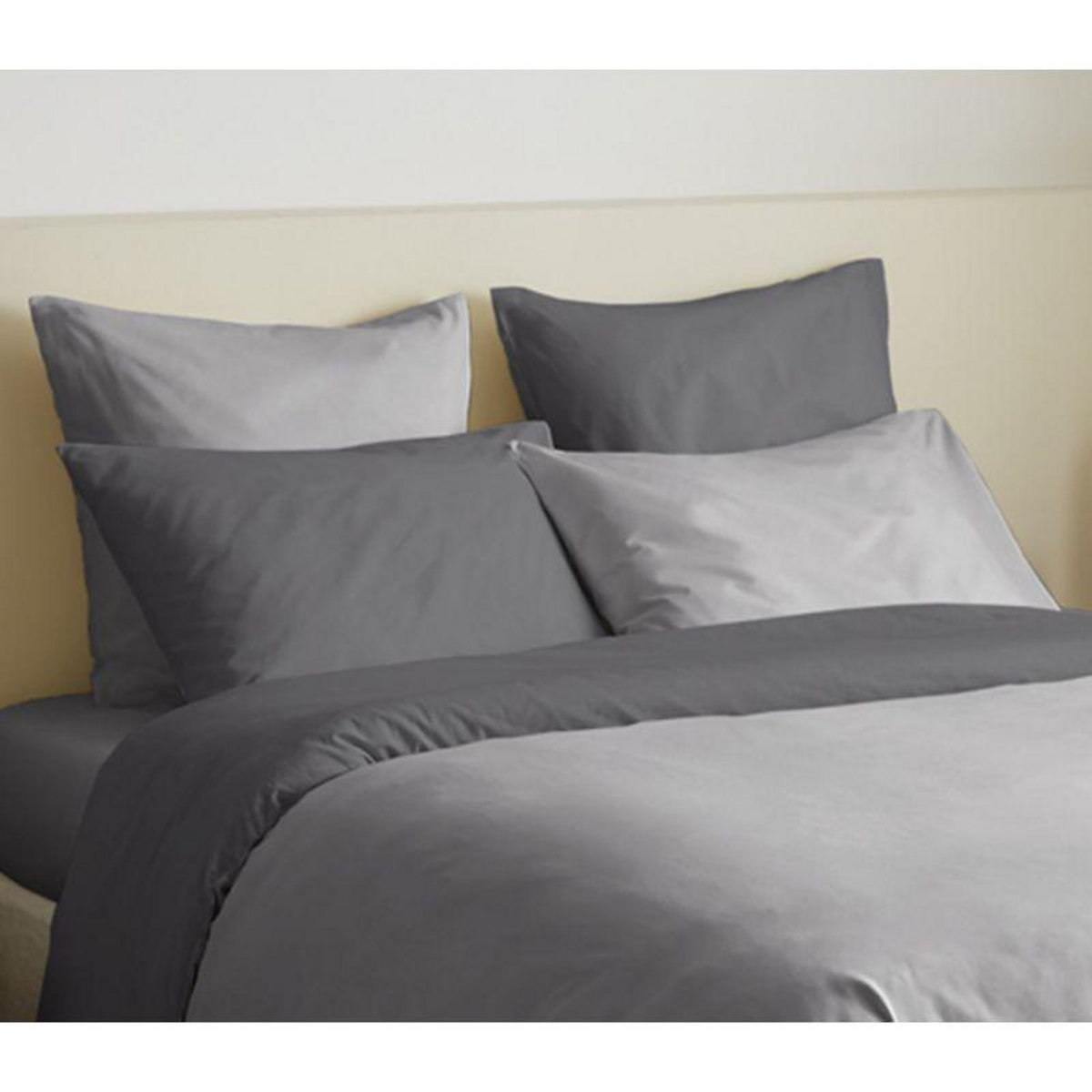 COTON PUR Pack complet 6 pièces Gris/Anthracite réversible housse de couette pour lit 140 x 190 cm