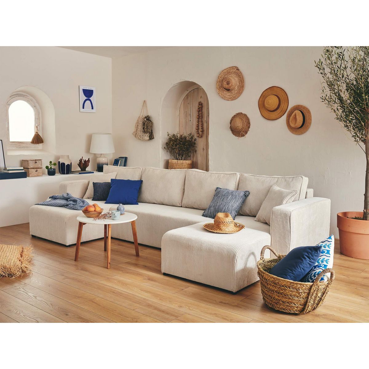 BEST MOBILIER Topaze - canapé panoramique en u - 7 places - convertible avec coffre - en velours côtelé