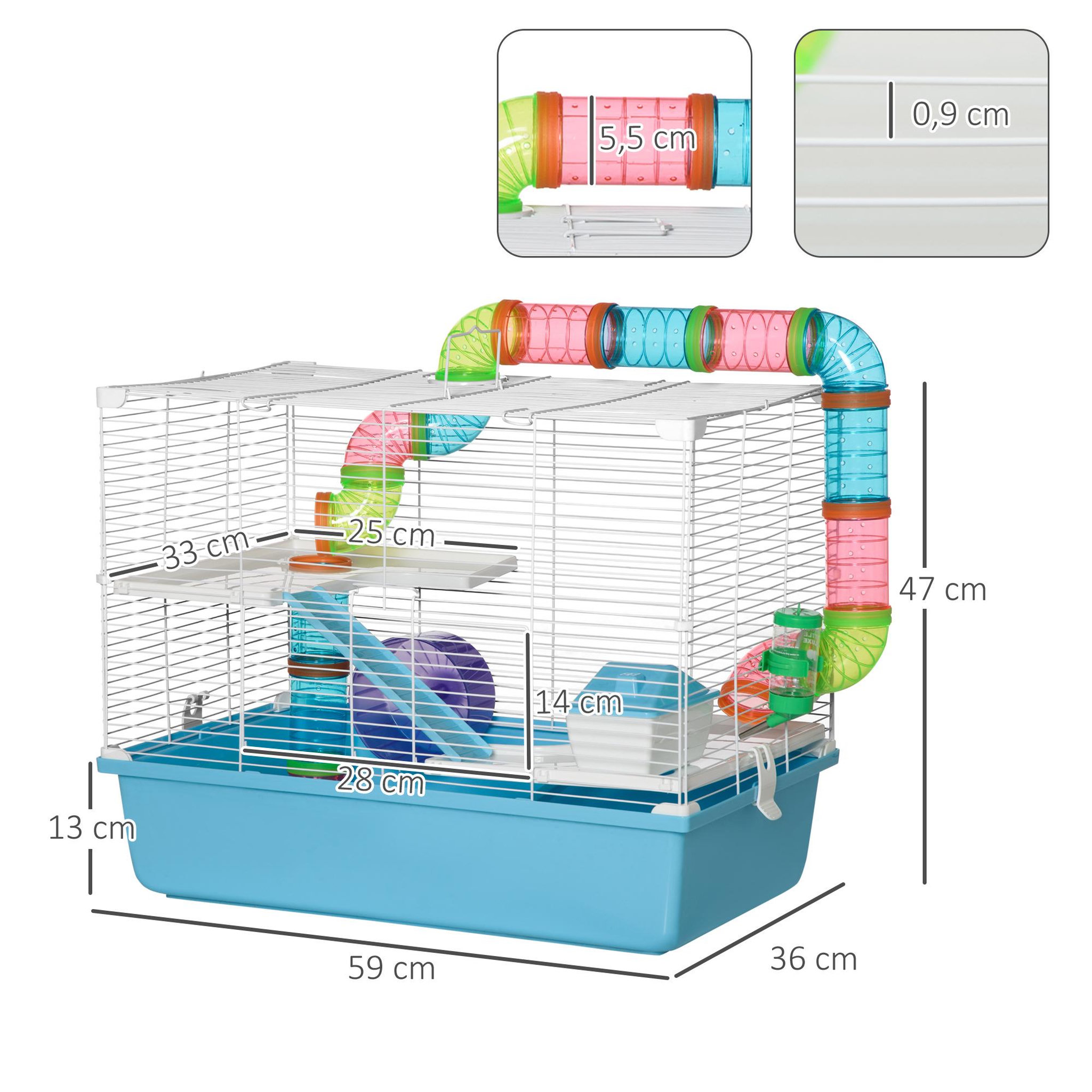 Voir la diapositive 3 : PAWHUT Cage à hamsters 3 niveaux - tunnel, abreuvoir, roue, maisonnette, échelles - dim. 59L x 36l x 47H cm - métal PP bleu blanc