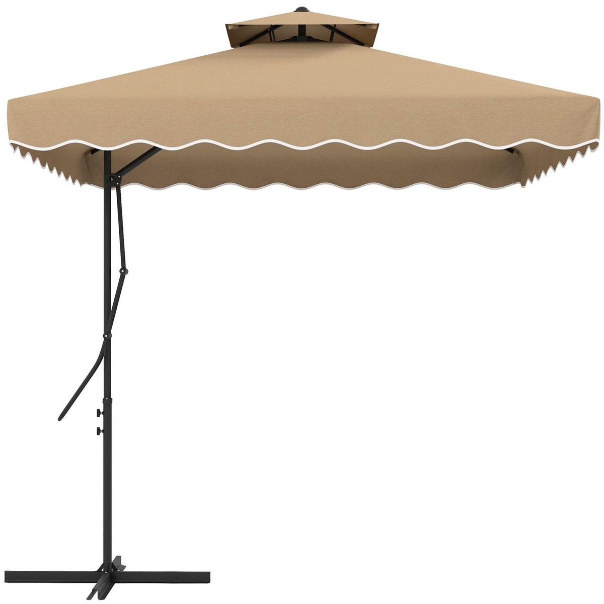 OUTSUNNY Parasol déporté carré pied en croix double toit lambrequin vague douce kaki