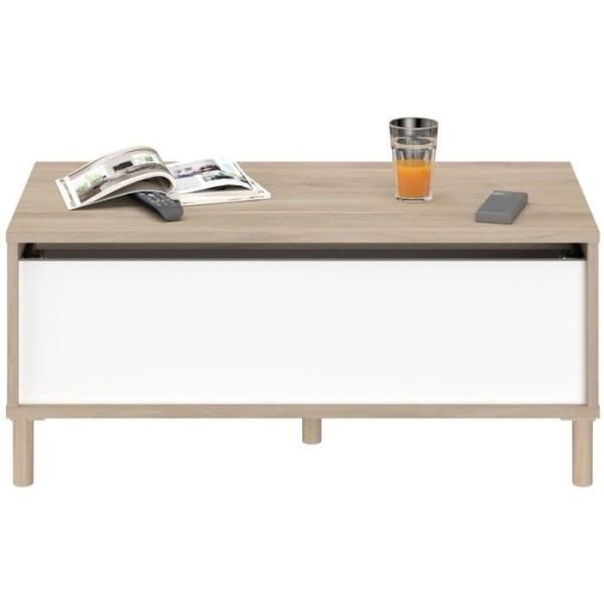 Voir la diapositive 4 : PARISOT Ensemble meuble de salon - meuble tv, table basse relevable, bahut haut - morphos - décor blanc / chene - parisot