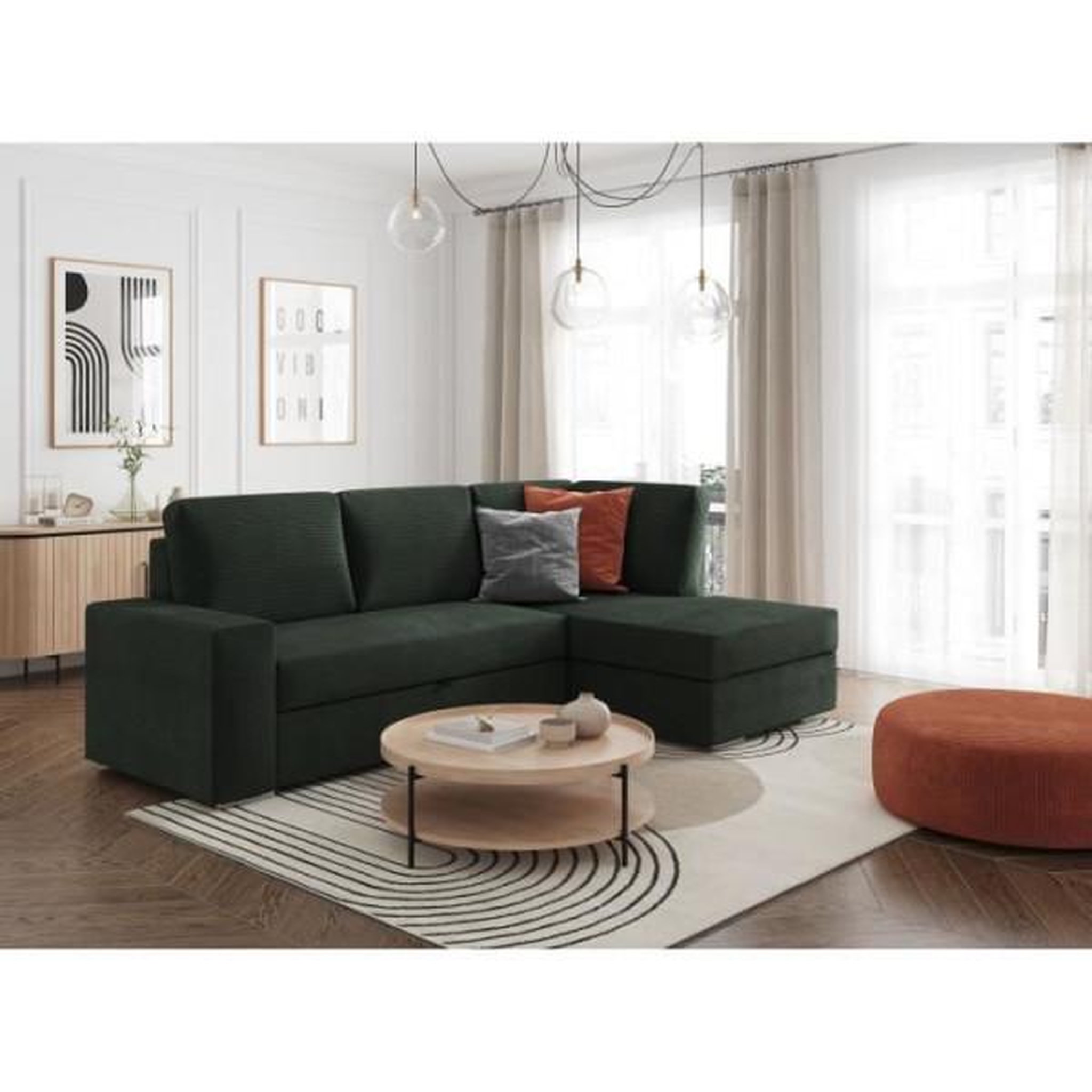 Voir la diapositive 2 : LOUNGITUDE Canapé d'angle droit 3 places convertible ADEN avec coffre en velours côtelé - Vert foncé - L246 x P174 x H96cm - LOUNGITUDE