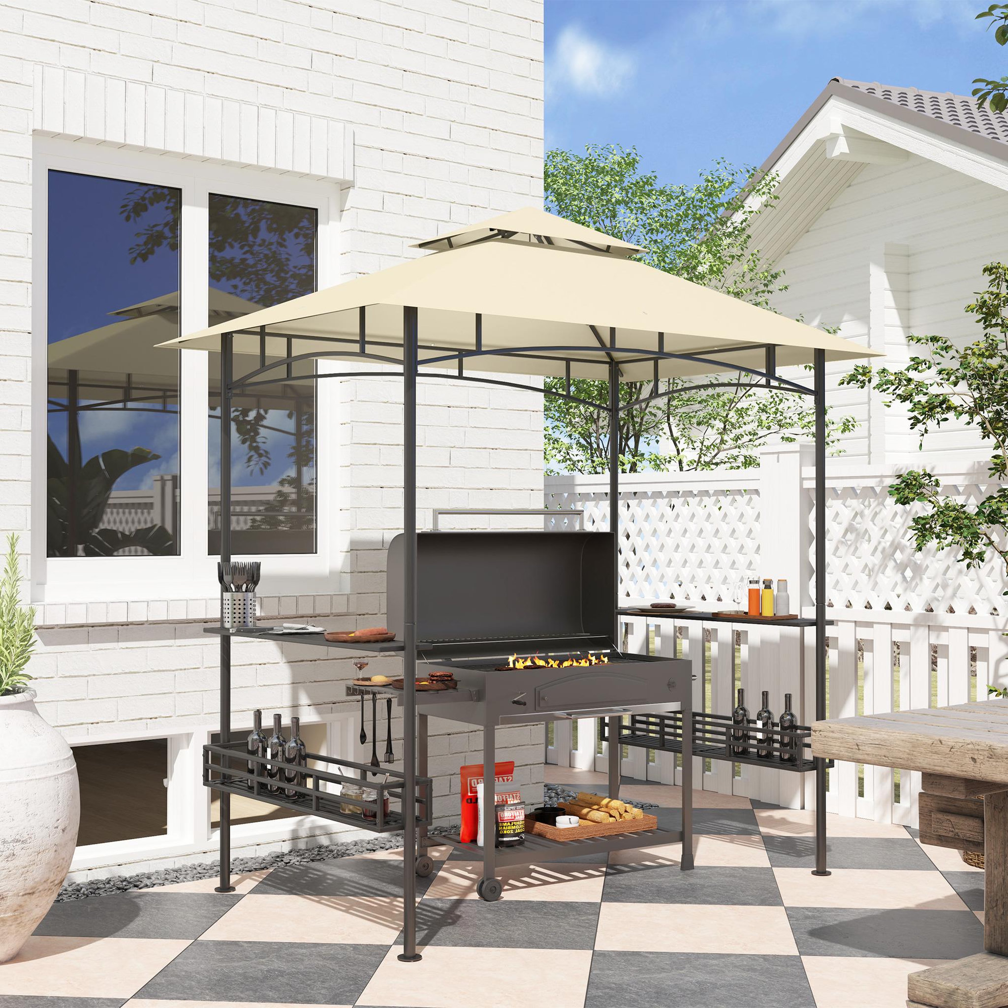 Voir la diapositive 2 : OUTSUNNY Abri pour barbecue - pavillon pour barbecue - barnum - 4 étagères - métal noir tissu beige