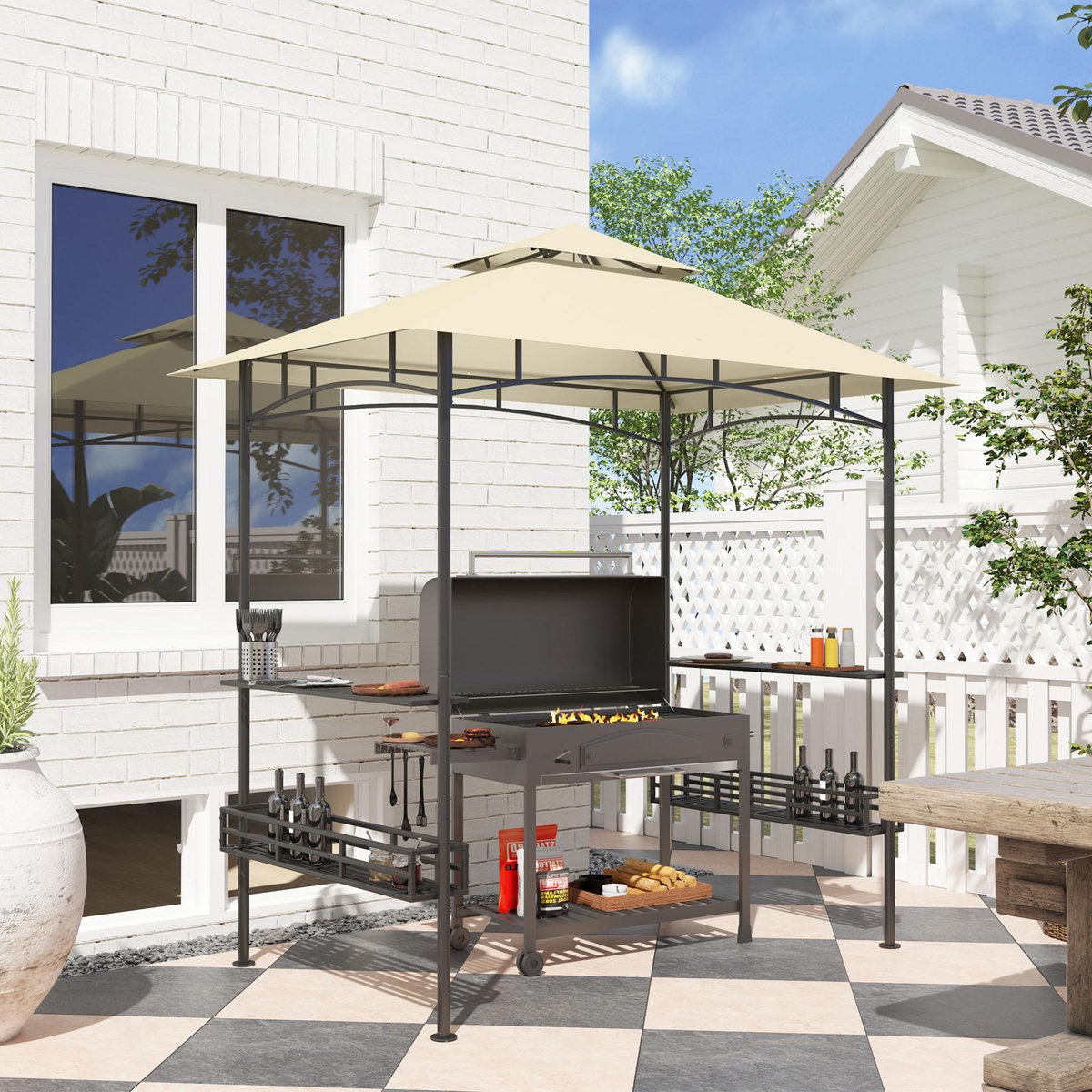 OUTSUNNY Abri pour barbecue - pavillon pour barbecue - barnum - 4 étagères - métal noir tissu beige