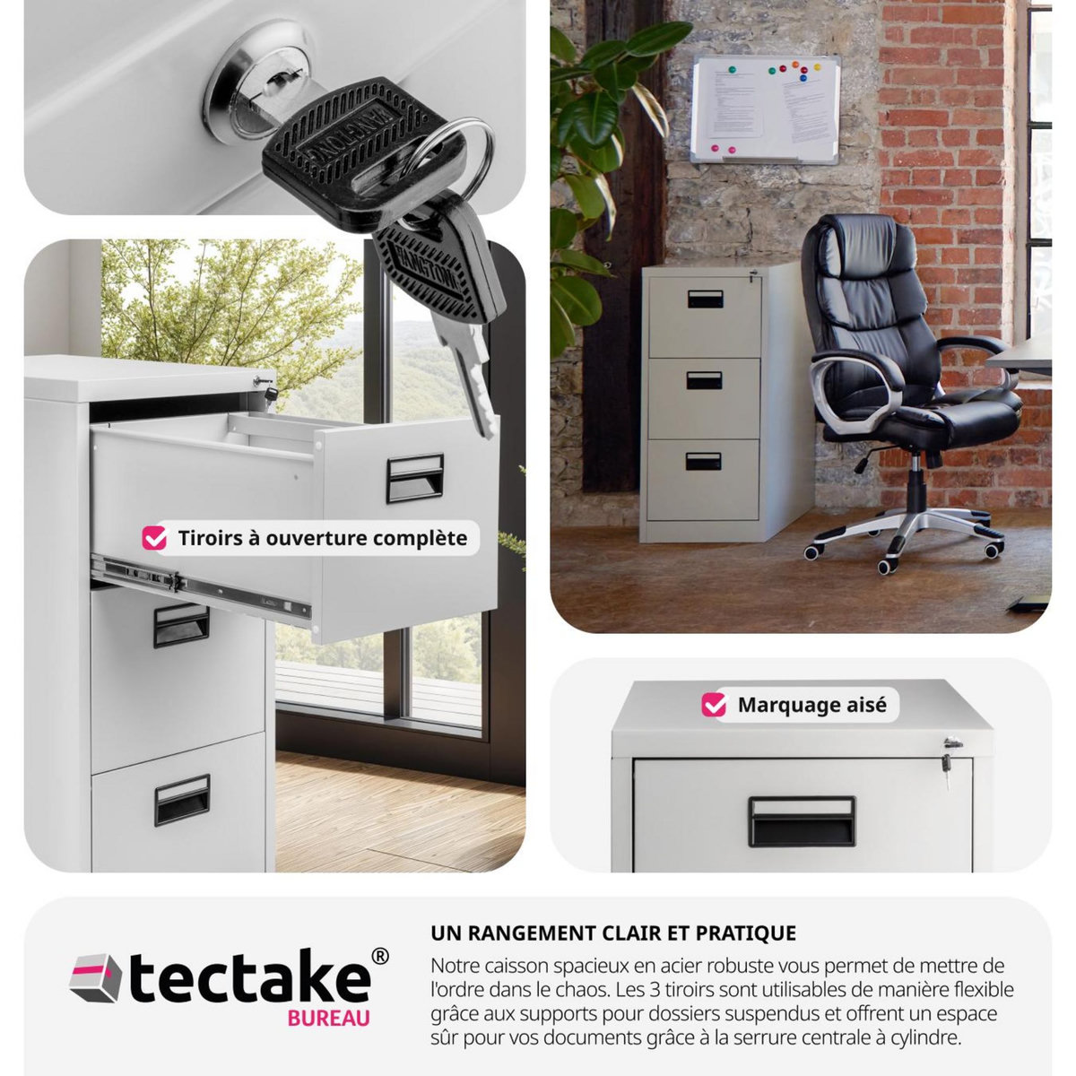 tectake Armoire de classement en métal en acier lâqué époxy gris