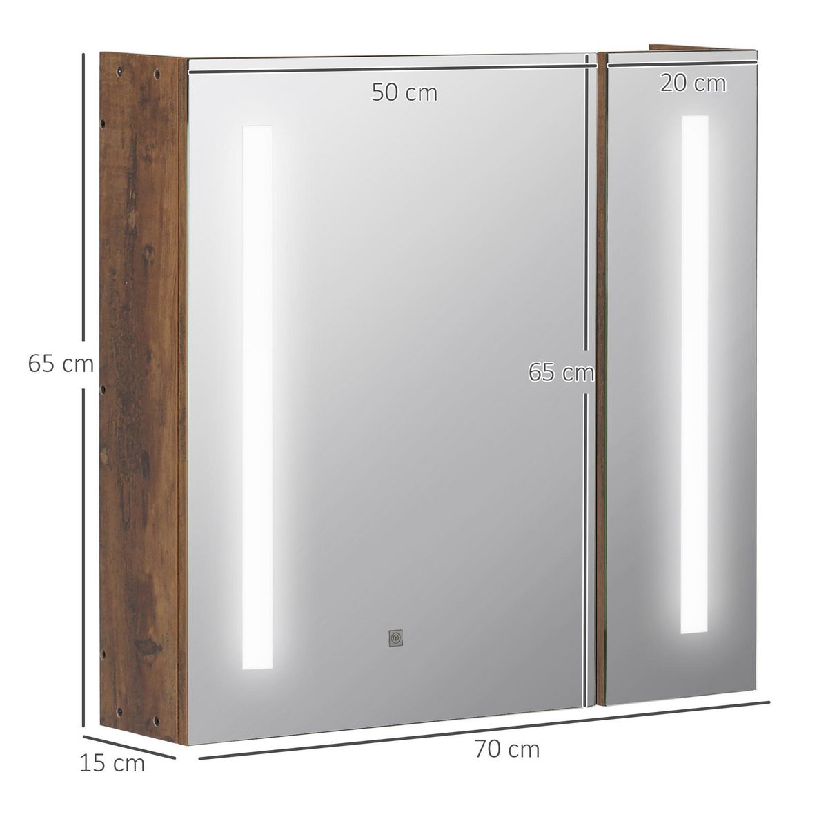 KLEANKIN Miroir lumineux LED armoire murale design de salle de bain 2 en 1 dim. 70L x 15l x 65H cm MDF aspect bois
