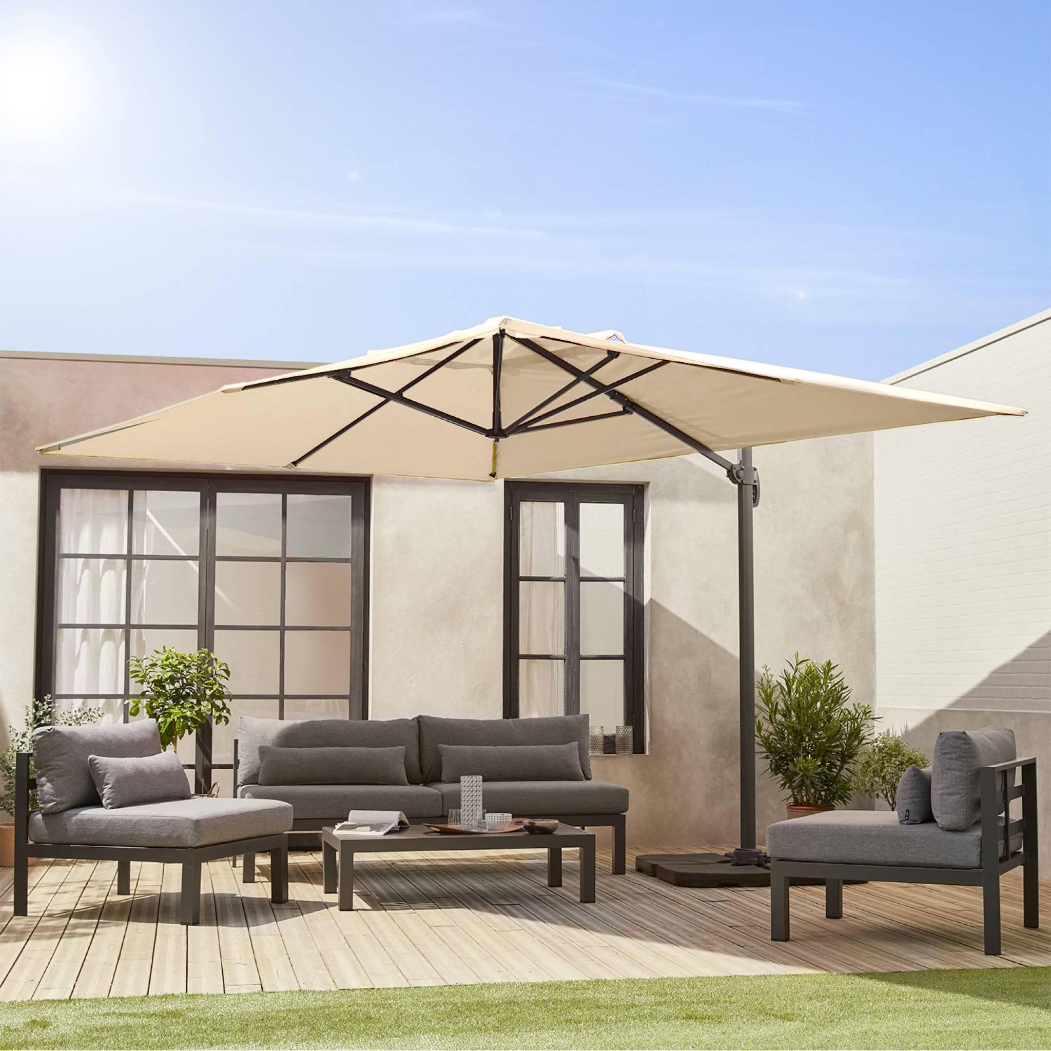 Voir la diapositive 2 : SWEEEK Parasol déporté rectangulaire 3x4 m - Wimereux - Parasol excentré inclinable dans 6 positions, rotatif à 360° + dalles à lester 50x50cm