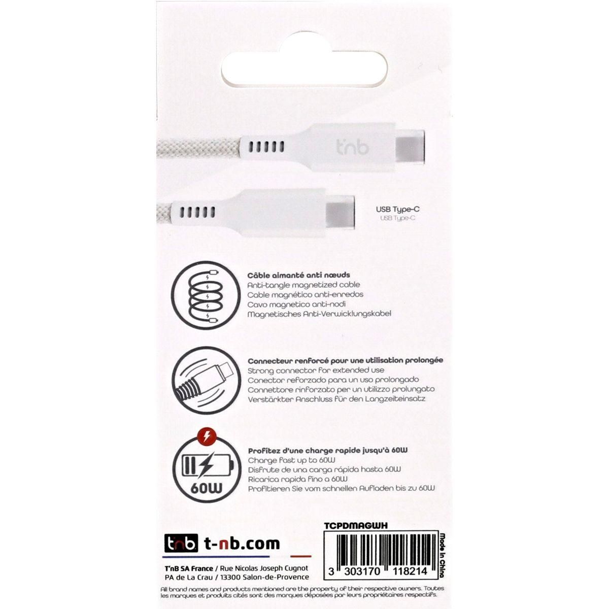 TNB Câble de charge USB-C/USB-C 1.5m gaine aimantée blanc
