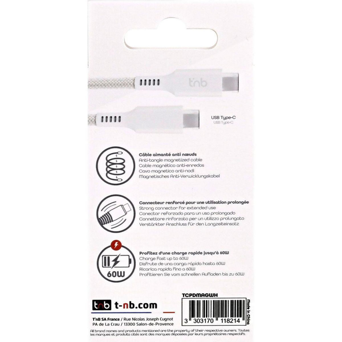 TNB Câble de charge USB-C/USB-C 1.5m gaine aimantée blanc