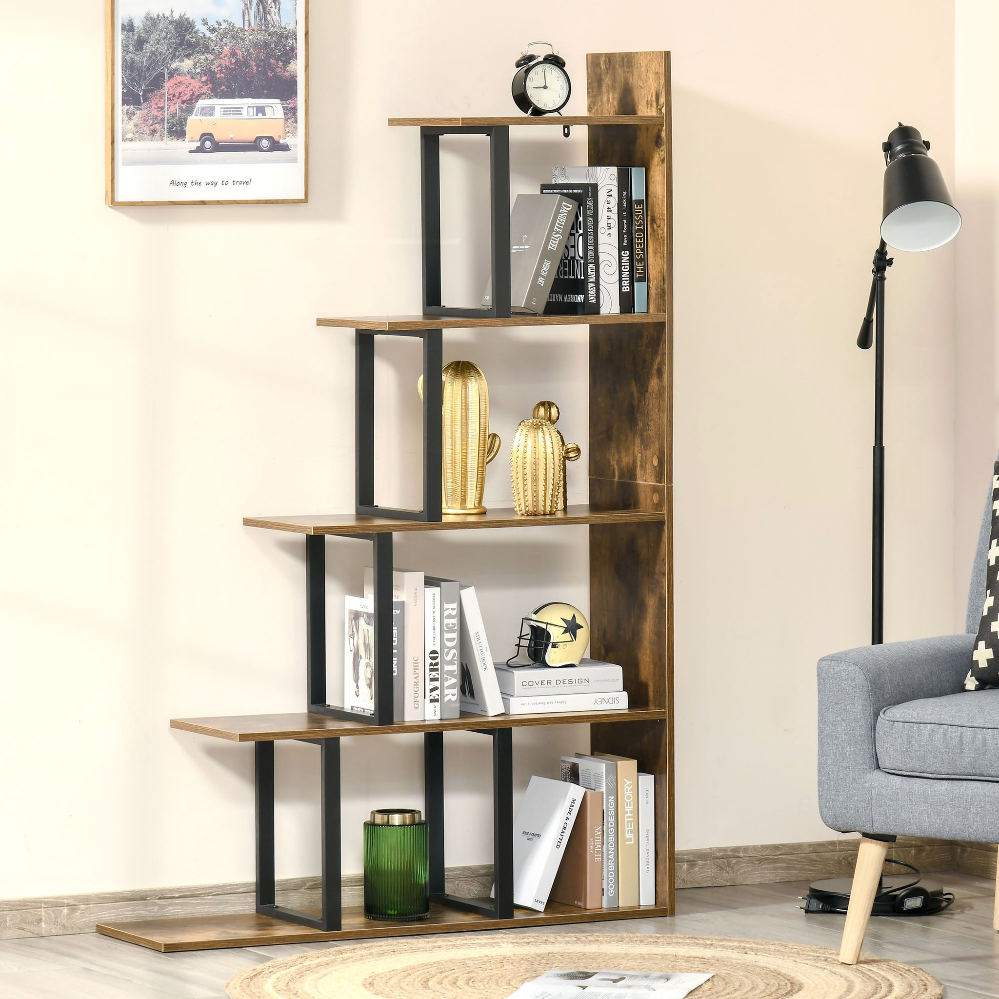 Voir la diapositive 2 : HOMCOM Étagère bibliothèque séparateur de pièce style industriel en escalier 5 étagères dim. 102L x 30l x 160H cm acier noir panneaux particules aspect vieux bois chêne