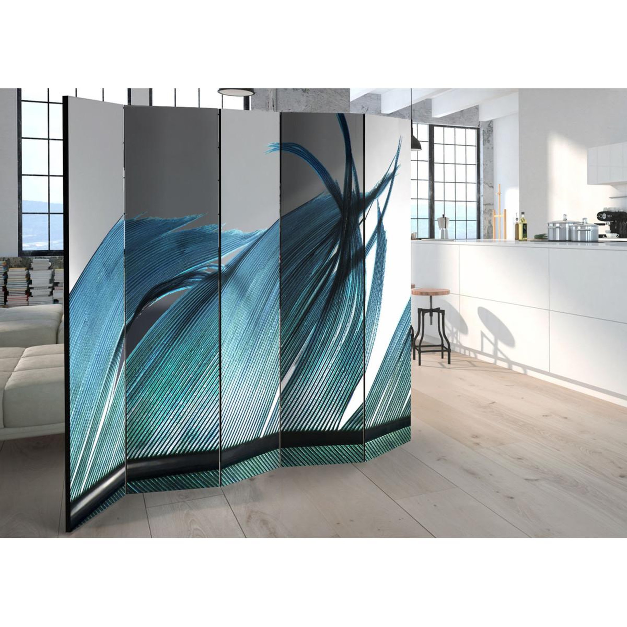 Voir la diapositive 2 : Paris Prix Paravent 5 volets  turquoise feather  172x225cm