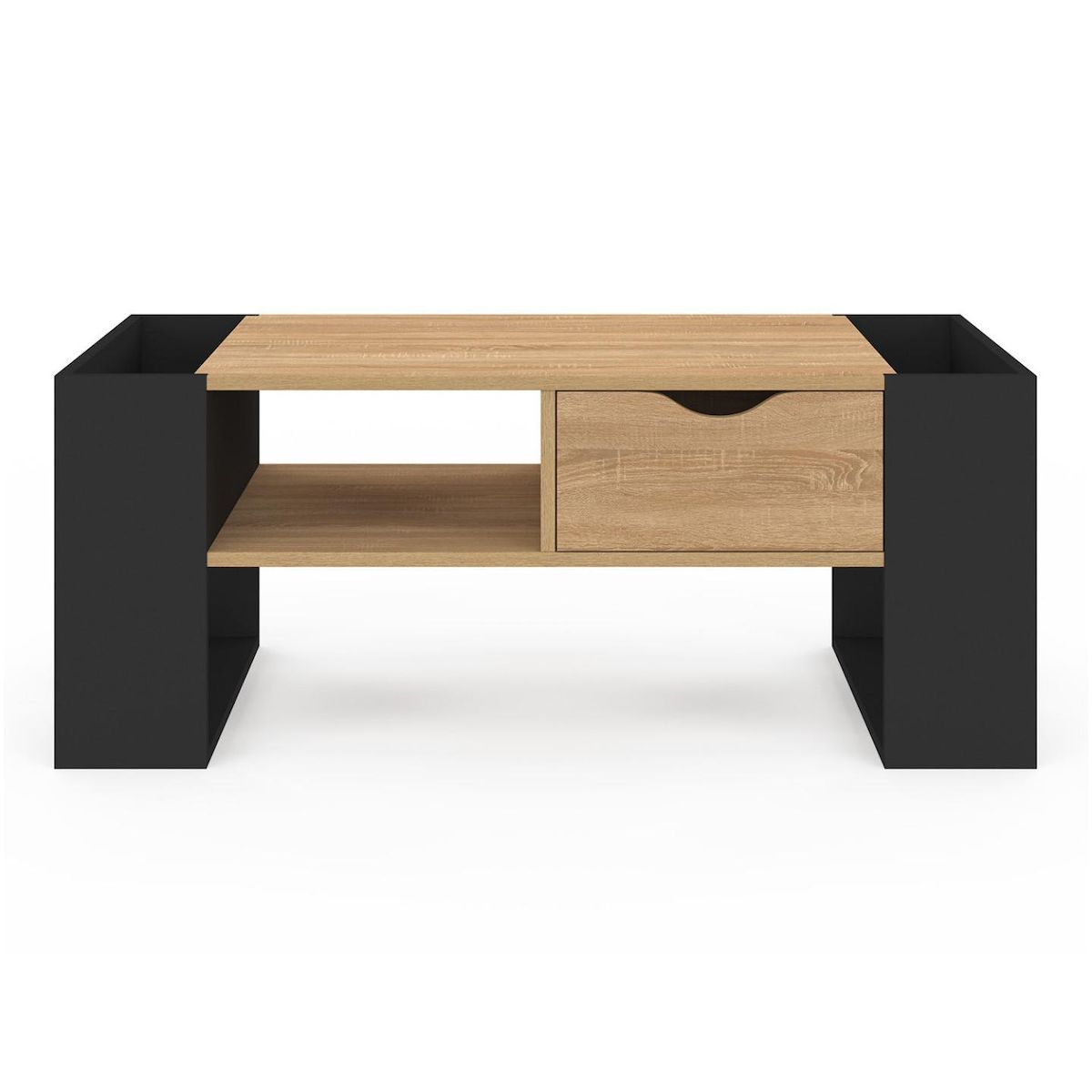 ID MARKET Table basse rectangulaire BERYL avec tiroir bois noir et façon hêtre
