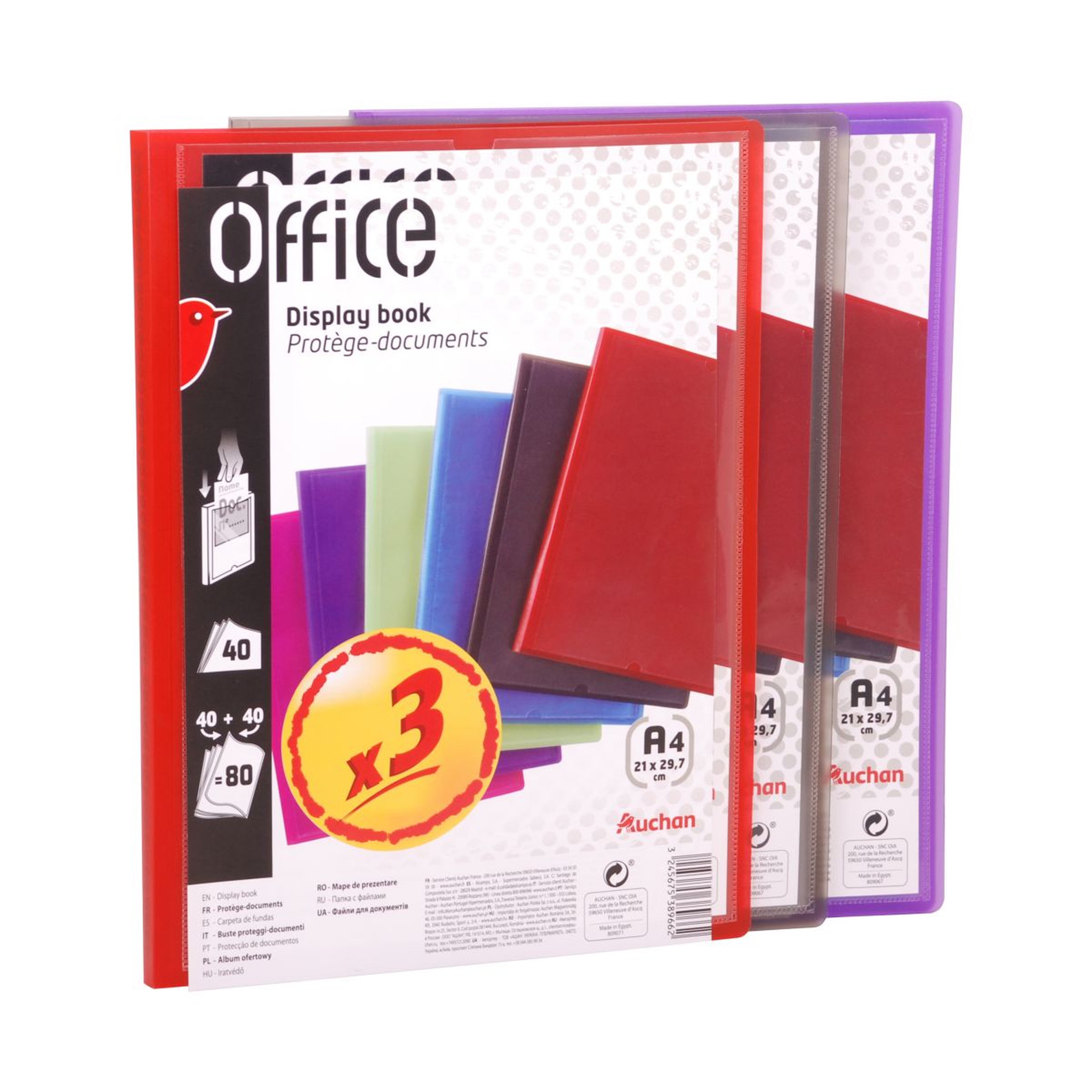 Voir la diapositive 2 : AUCHAN Lot de 3 portes-vues A4 personnalisables 80 vues transparents