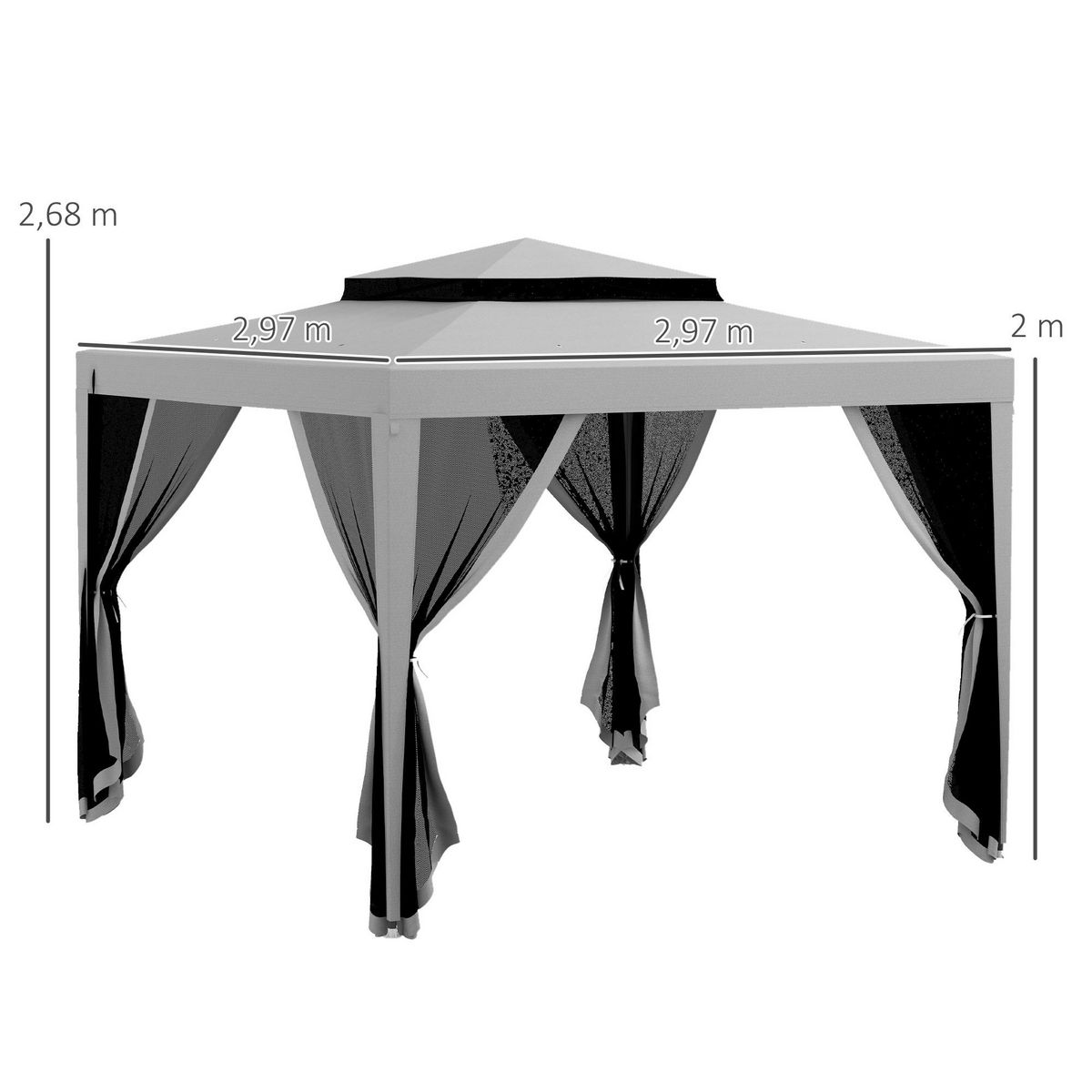 OUTSUNNY Tonnelle barnum de jardin 3L x 3l m avec 4 moustiquaires amovibles - double toit - métal polyester gris