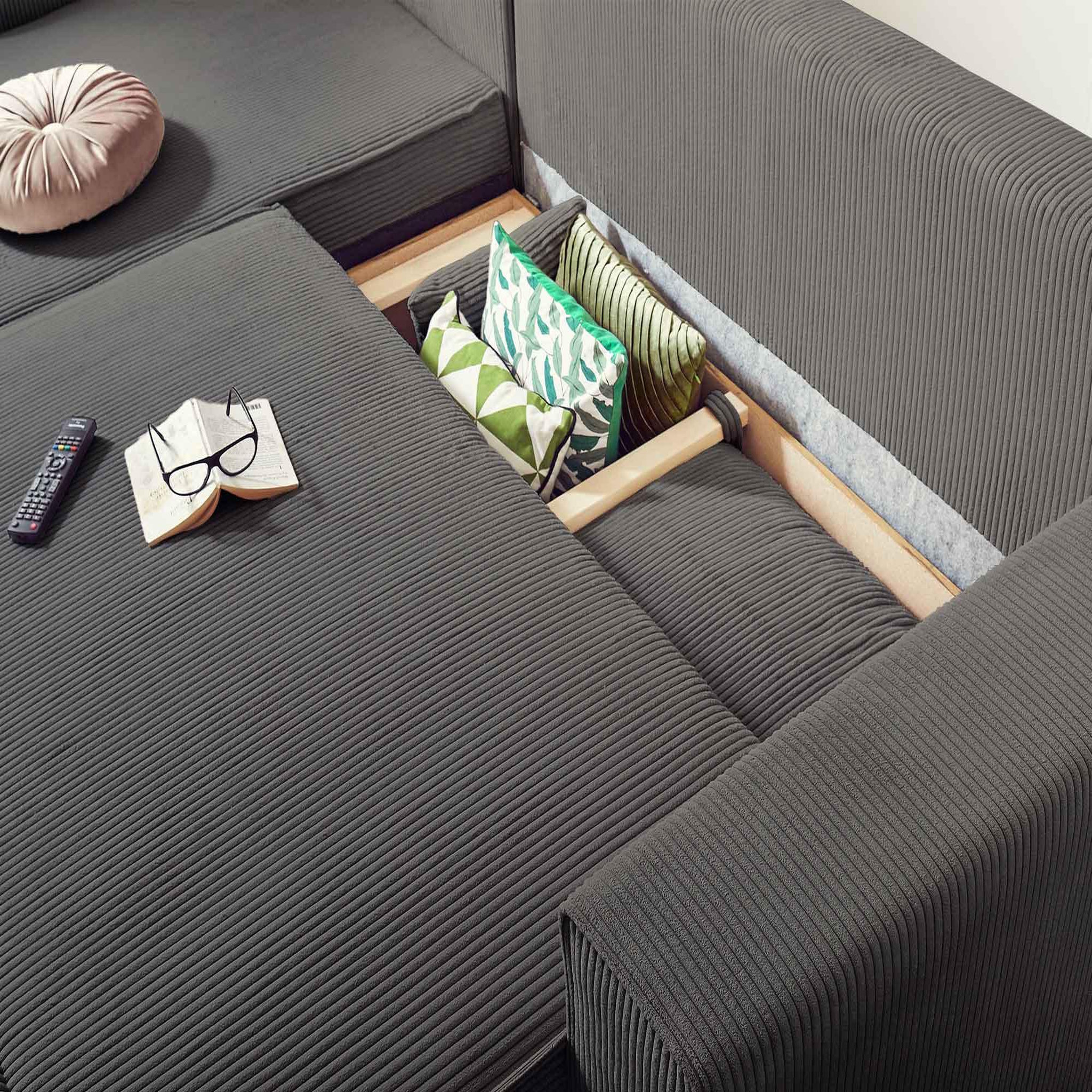Voir la diapositive 3 : BEST MOBILIER Dellia - canapé d'angle réversible convertible - avec coffre - en velours côtelé - 4 places