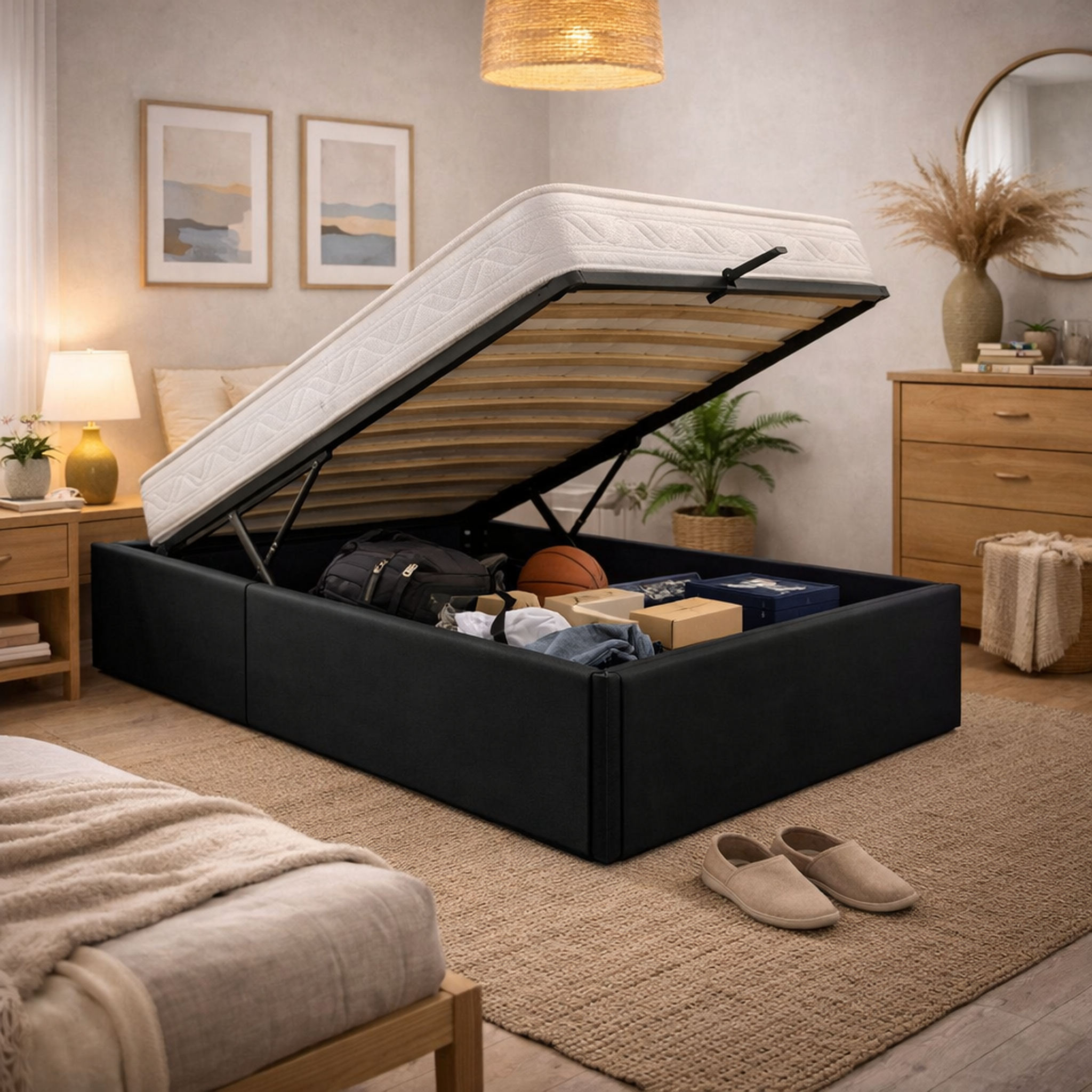 Voir la diapositive 1 : KING OF DREAMS Ensemble Lit Coffre et Matelas  Soutien Ferme Mousse