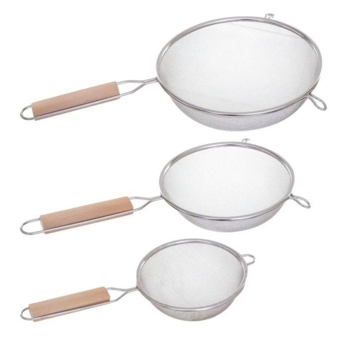 FIVE Lot de 3 Passoires Inox & Bois  Sieve  35cm Argent