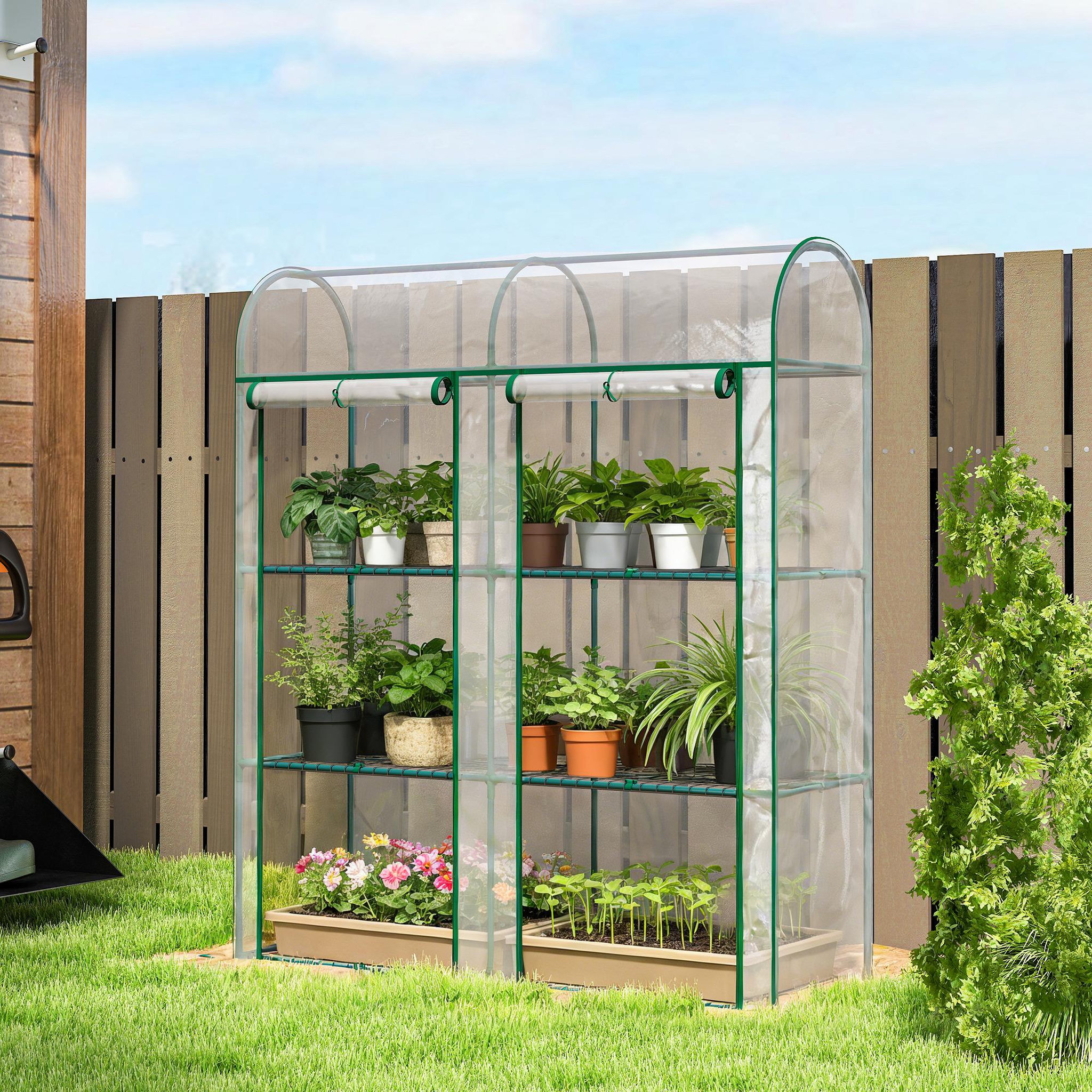 Voir la diapositive 6 : OUTSUNNY Serre de balcon terrasse 3 grandes étagères 2 portes enroulables vert transparent