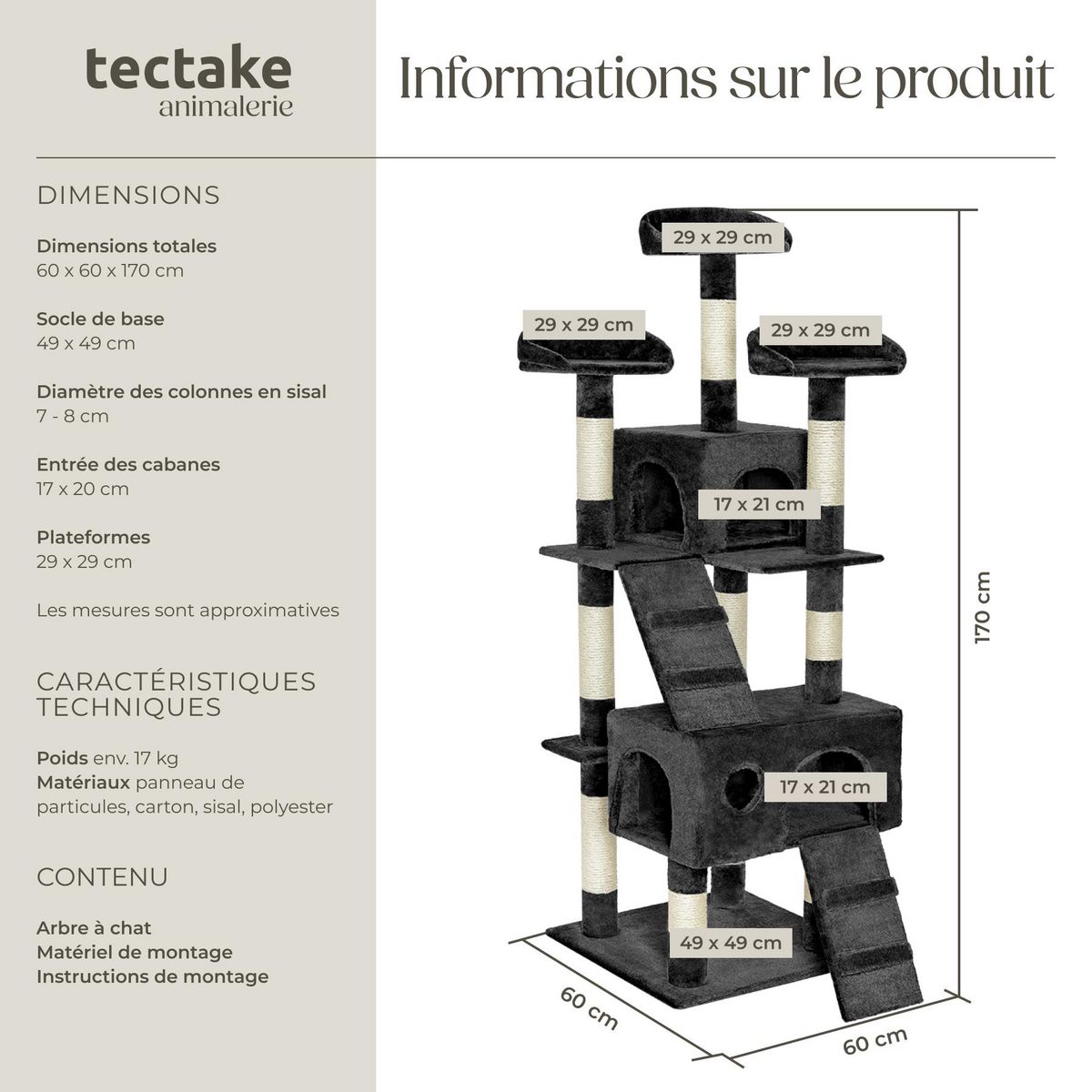tectake Arbre à chat 170 cm avec griffoir et plateforme d'escalade noir
