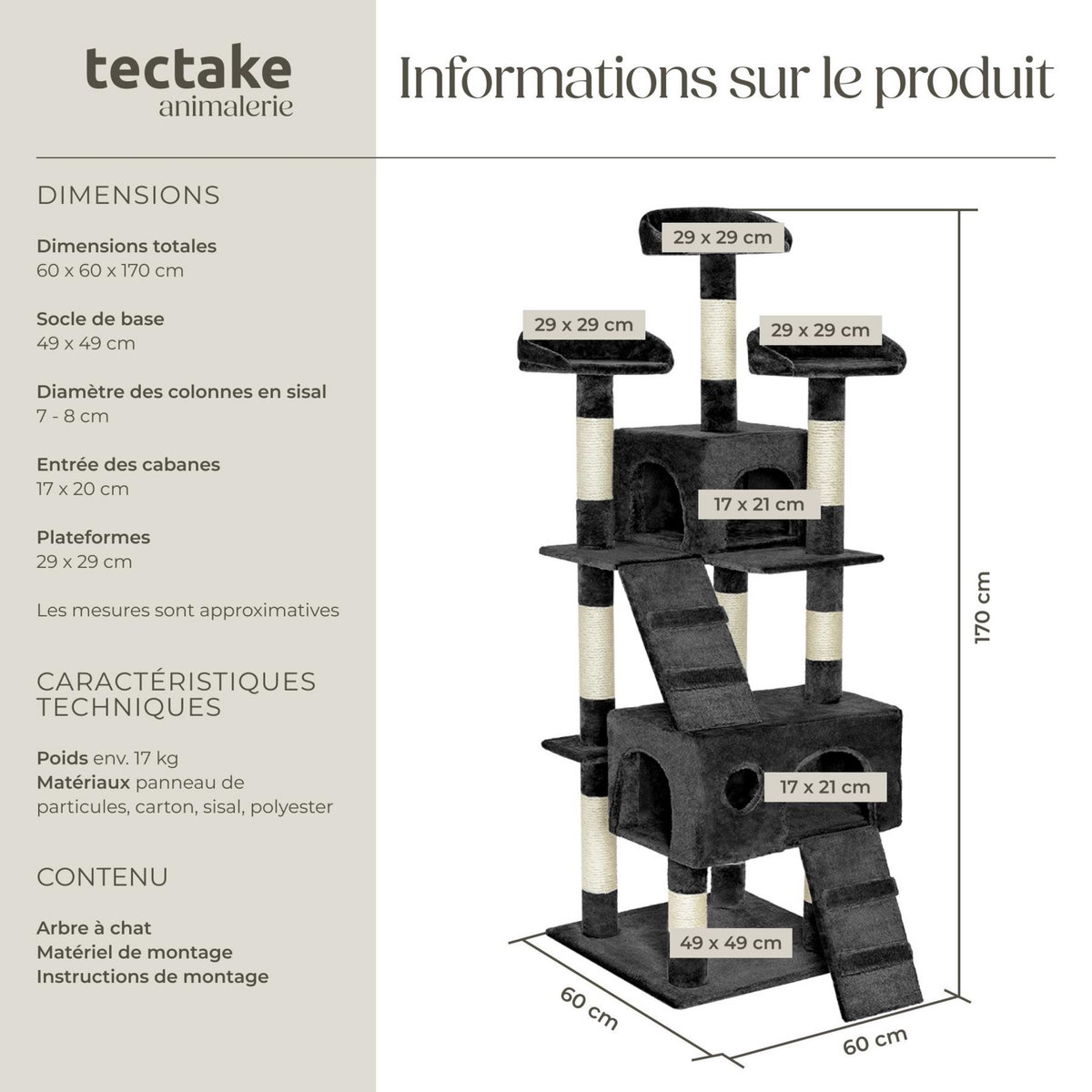 tectake Arbre à chat 170 cm avec griffoir et plateforme d'escalade noir