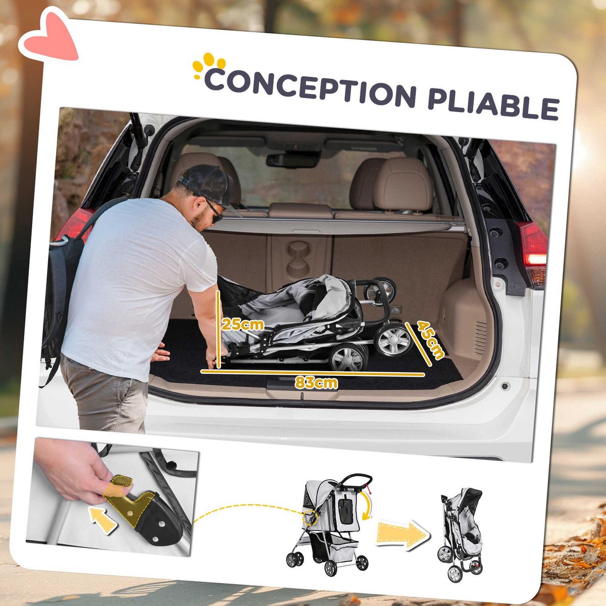 PAWHUT Poussette buggy pliable animaux chariot pliant chien chat porte-gobelet panier de rangement inclus roues avec frein tissu 600D Oxford métal gris