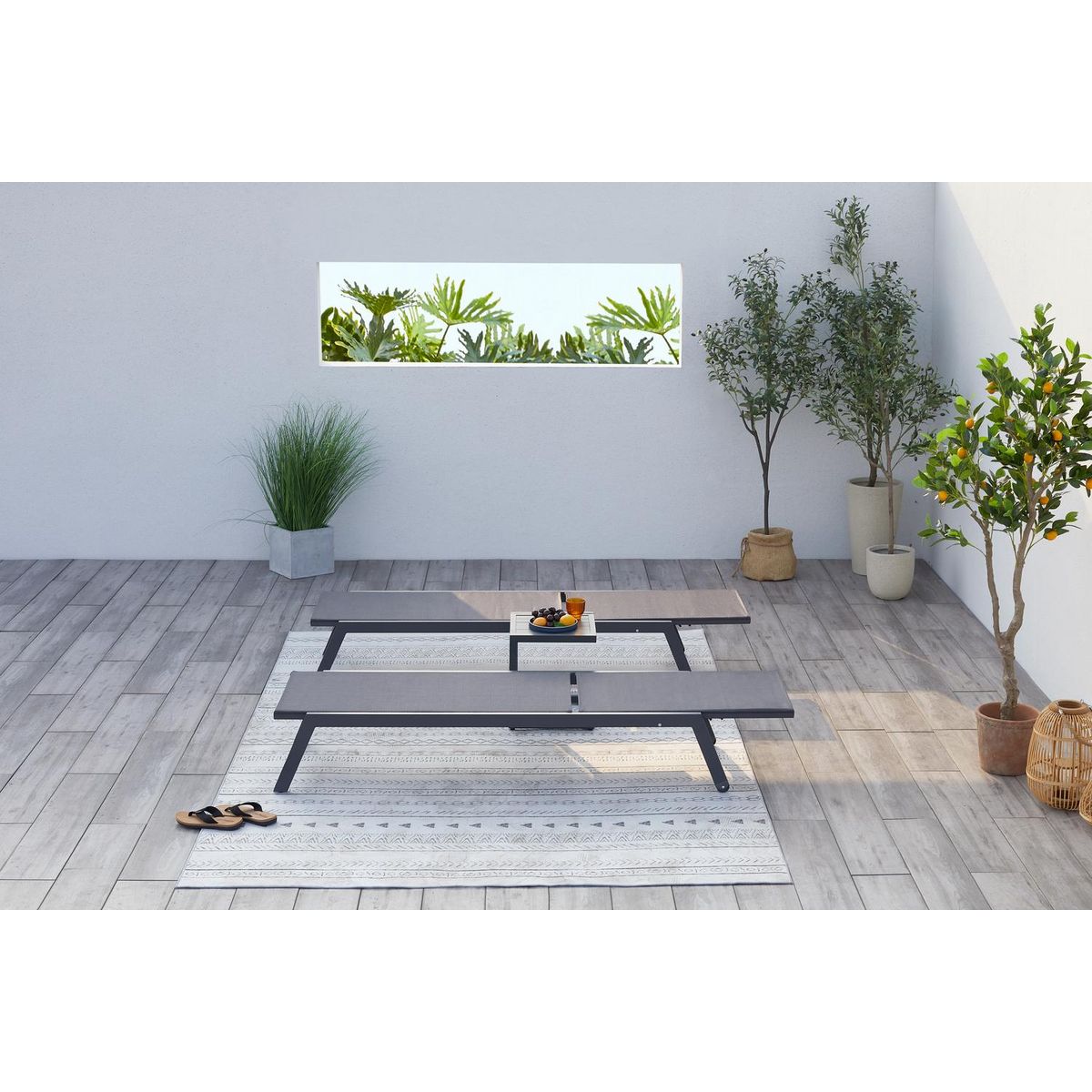 CONCEPT USINE Lot de 2 transats et une table d'appoint gris et noir PRATO
