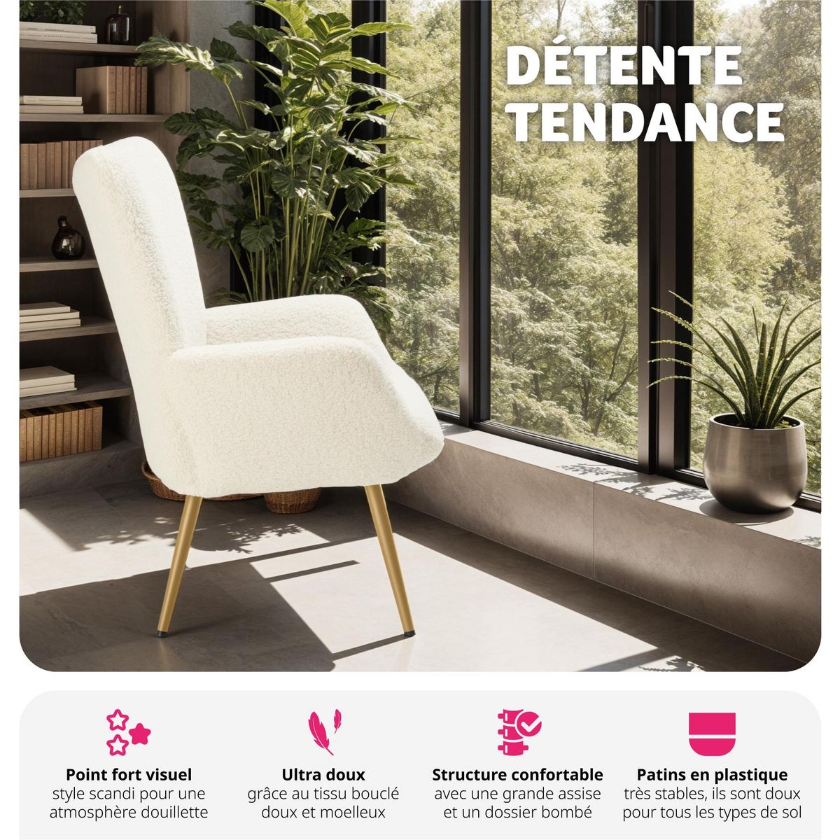 tectake Fauteuil rembourré Bouclé crème/or