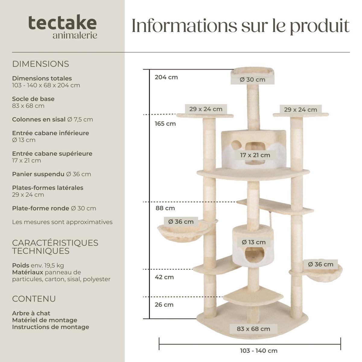 tectake Arbre à chat 204 cm avec griffoir et plateforme d'escalade beige/blanc