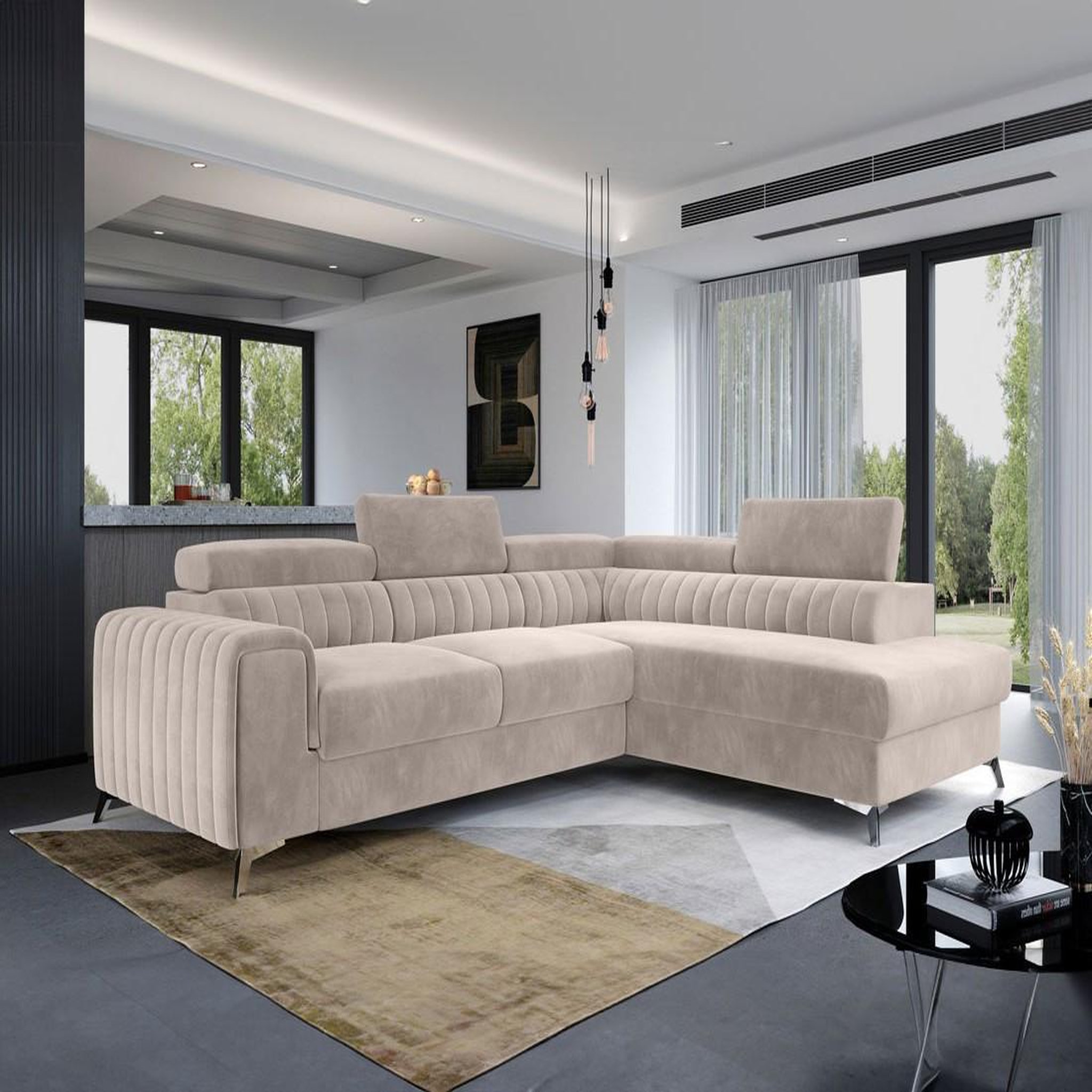 BEST MOBILIER Talisay - canapé d'angle droit - 5 places - convertible avec coffre - en velours. Coloris disponibles : Vert, Gris, Bleu, Beige