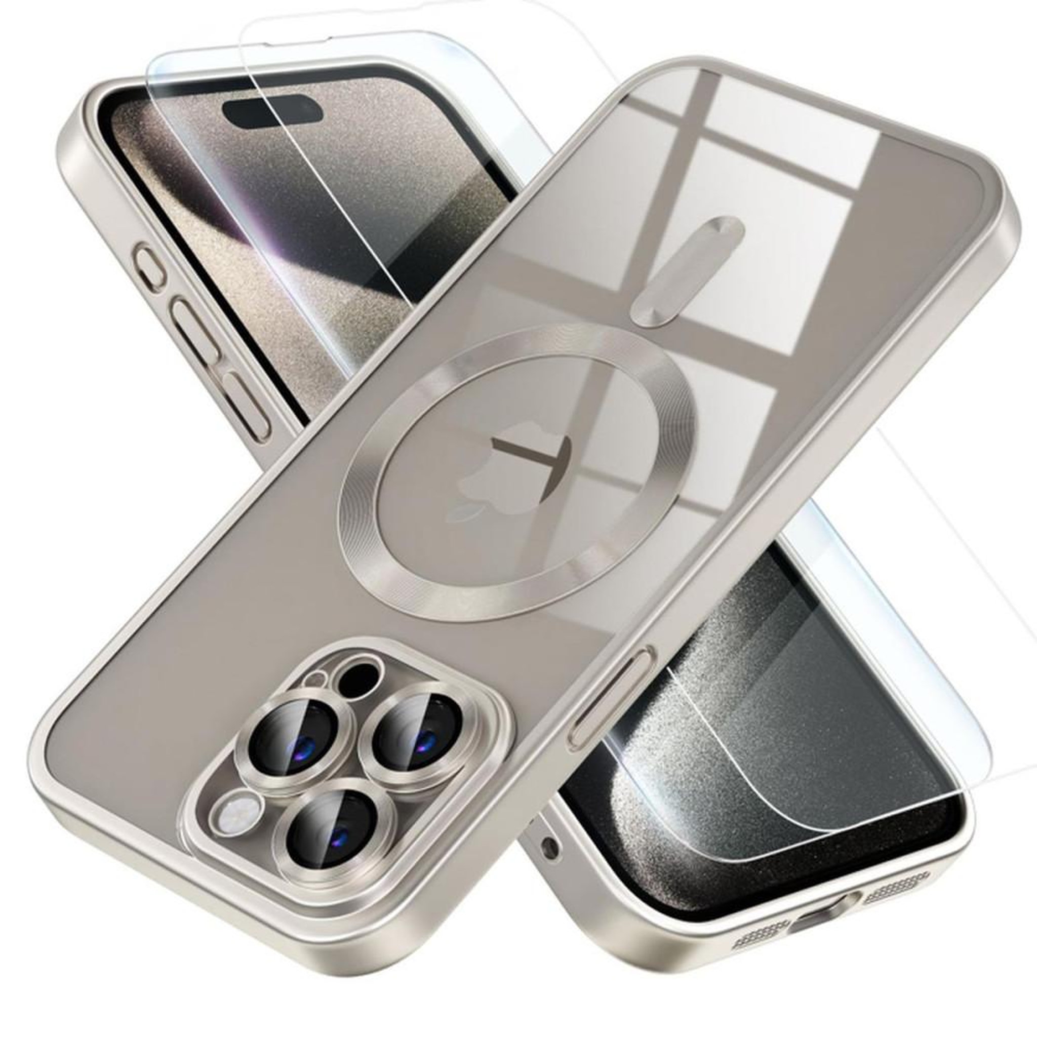 Etui magnétique TPU transparent gris avec protection intégrale des objectifs photo pour iPhone 15 Pro Max