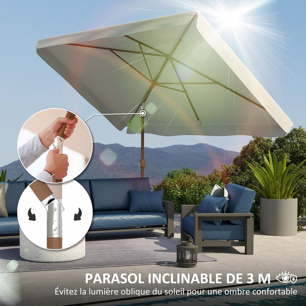 OUTSUNNY Parasol inclinable rectangulaire dim. 3 x 2 m alu marron tissu haute densité UPF50+ crème
