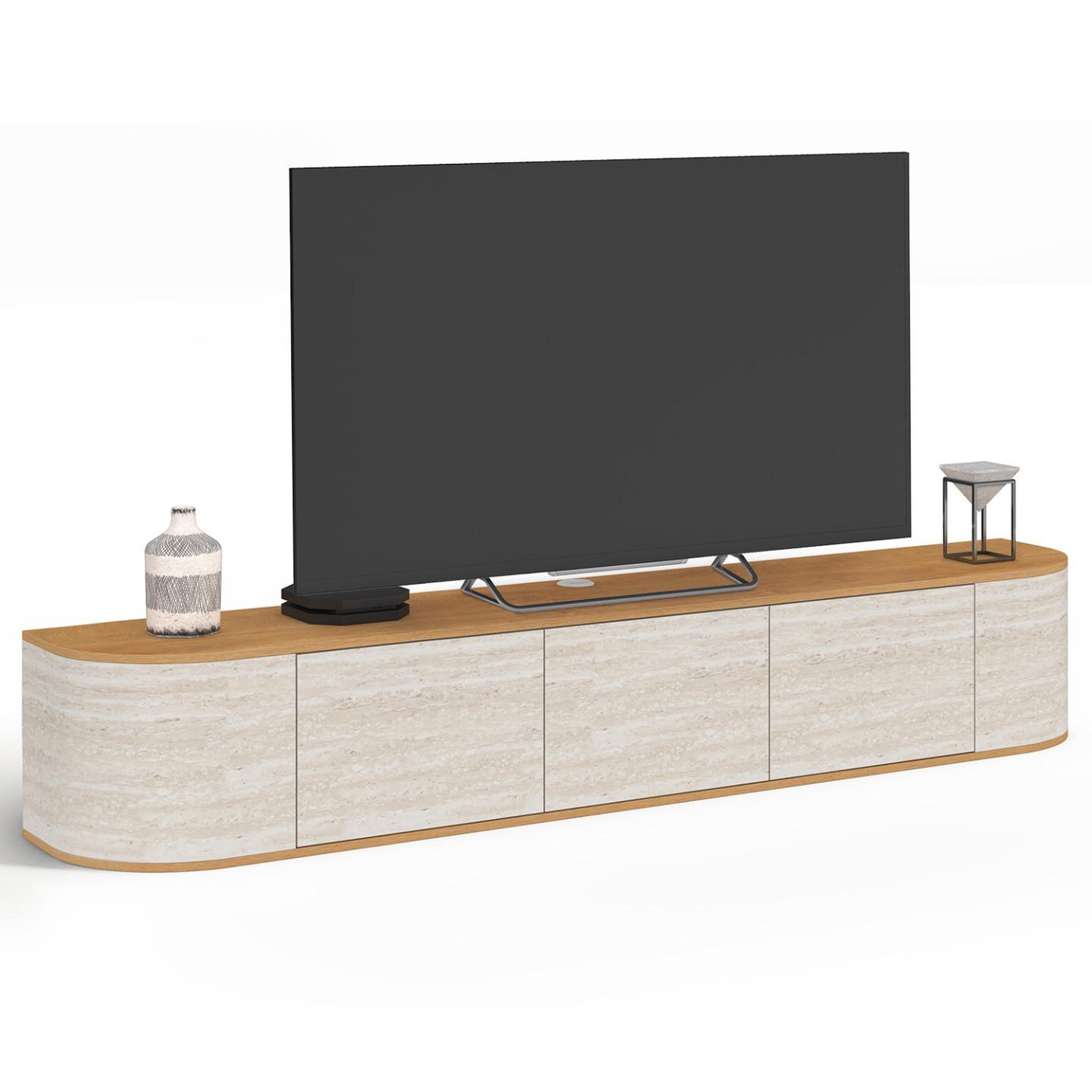 ID MARKET Meuble tv 180 cm suspendu leora 3 portes effet travertin et bois
