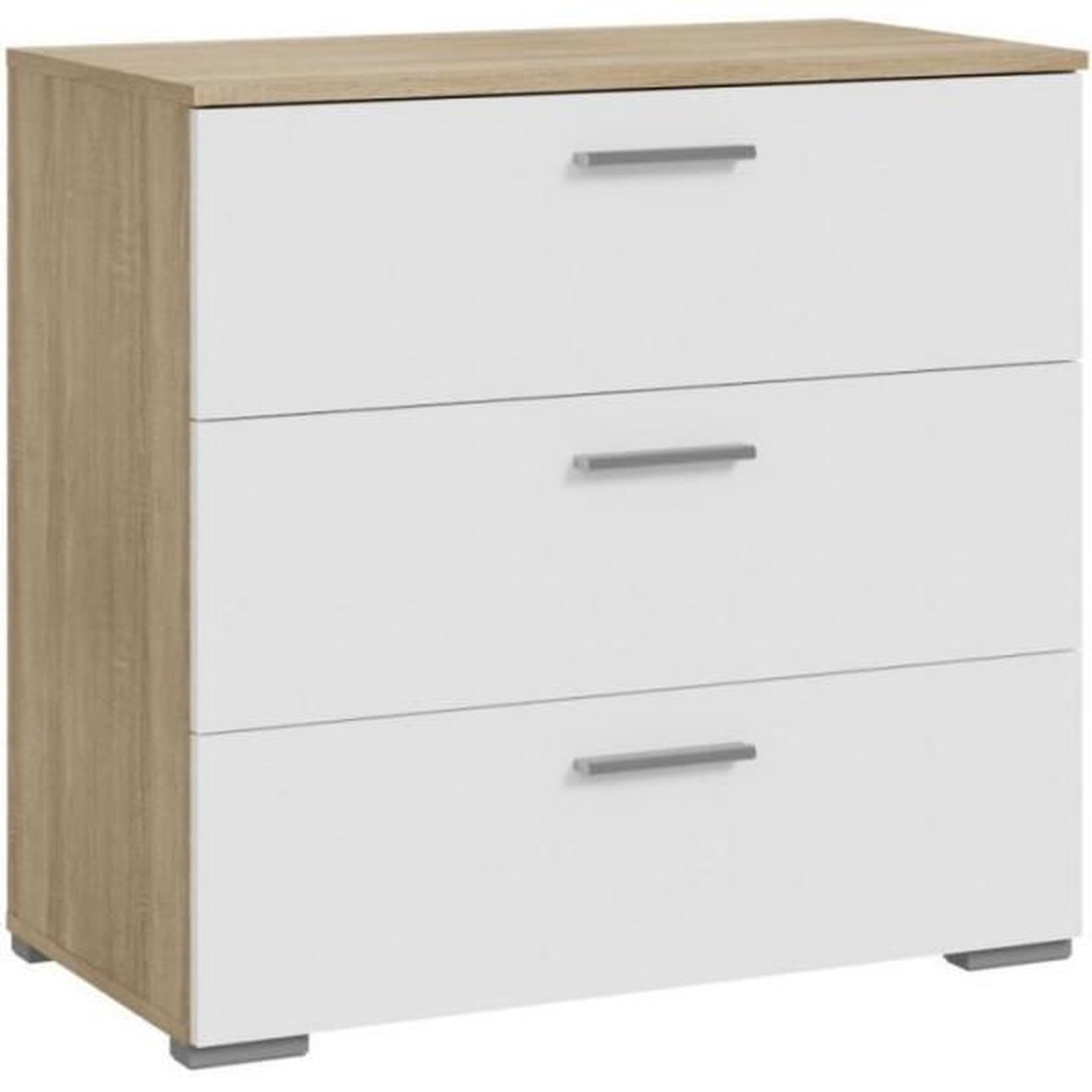 Voir la diapositive 1 : MARKET24 Commode BASJANA - 3 tiroirs - Décor chene sonoma et blanc mat - L80,2 x P41,3 x H75,8 cm