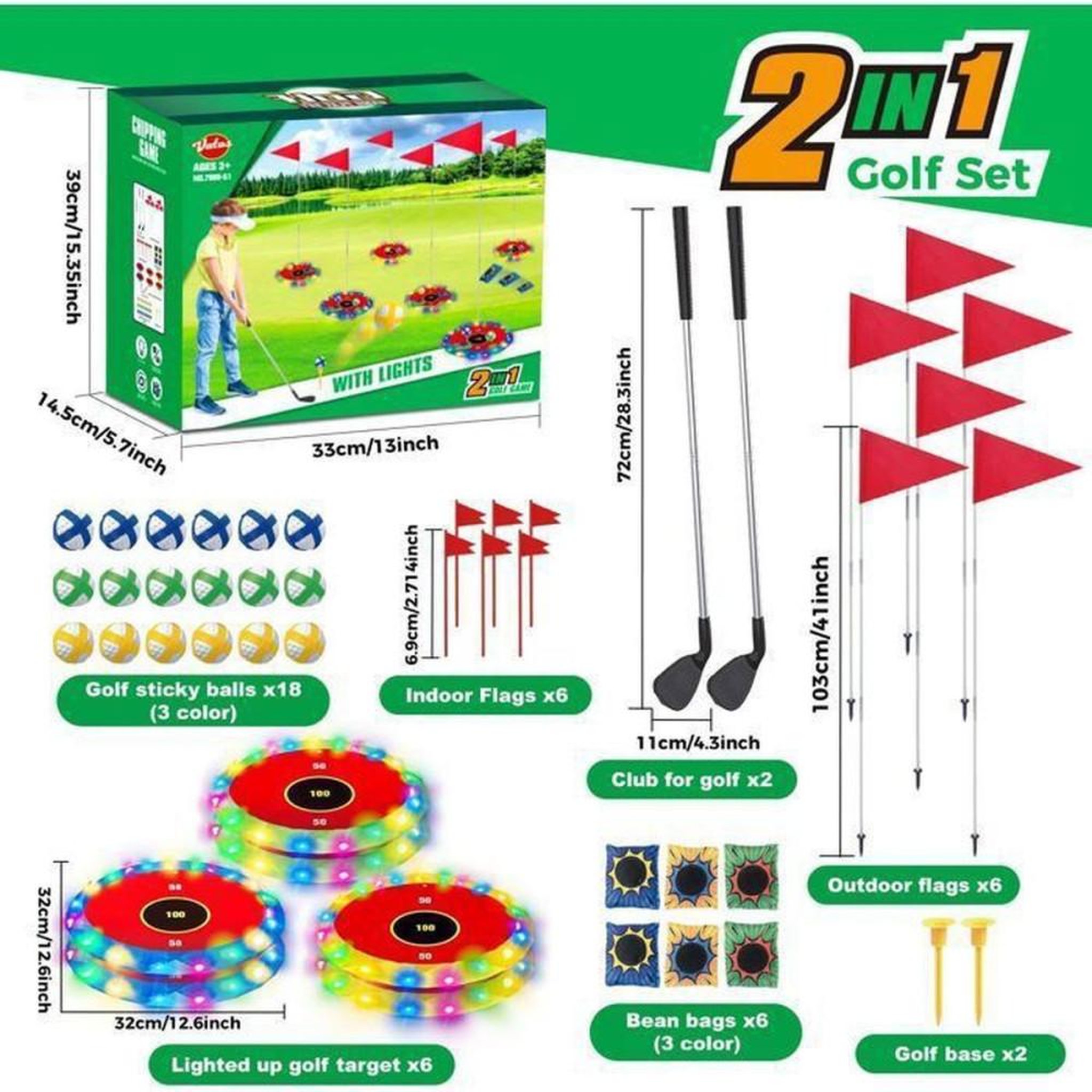 Voir la diapositive 6 : Jeu enfant 2 en 1 golf & lancer avec cibles LED, 2 clubs, 18 balles et 6 cibles, dès 5 ans