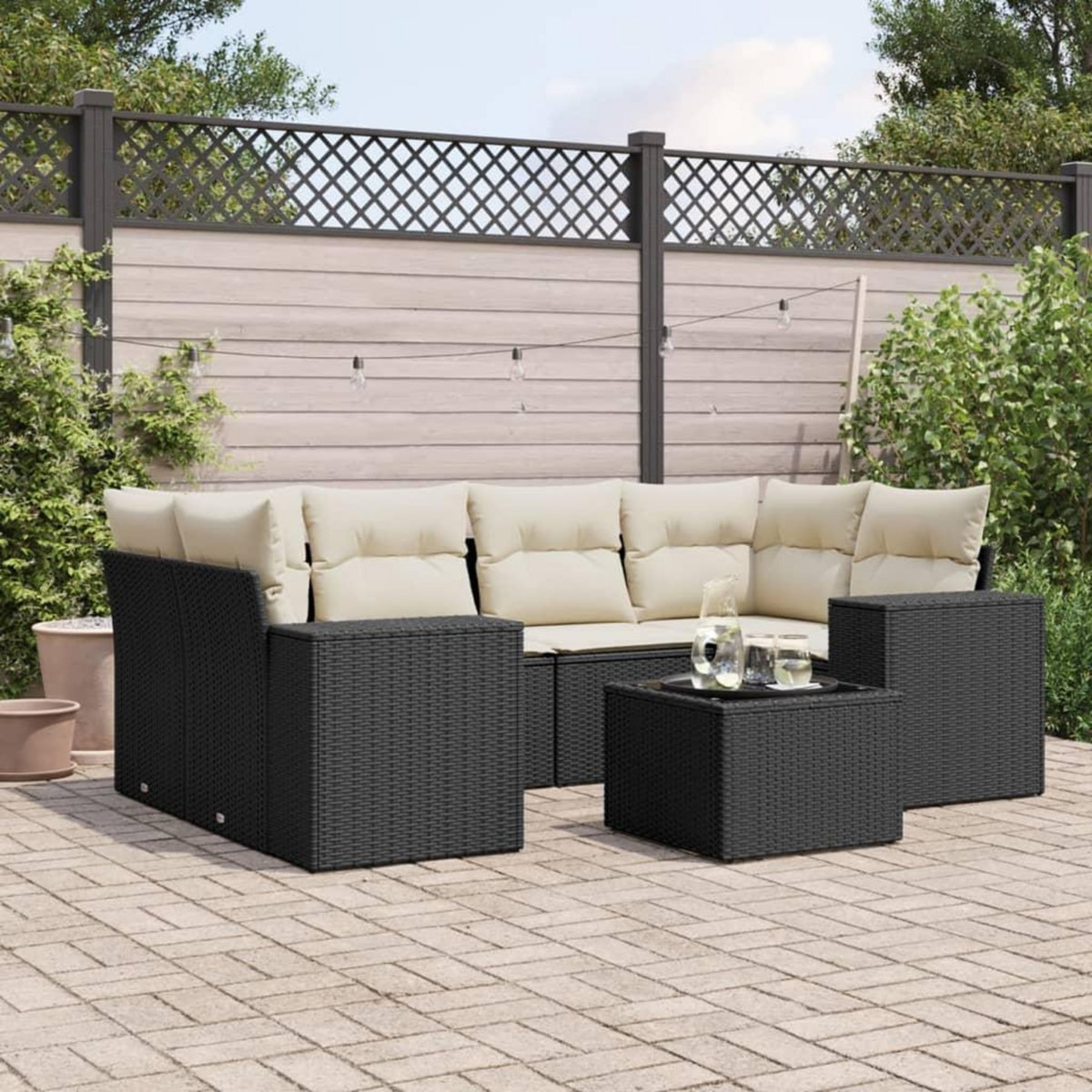 VIDAXL Salon de jardin 7 pcs avec coussins noir resine tressee