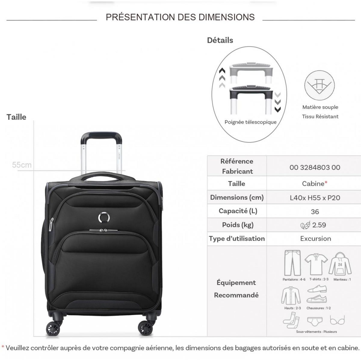 Delsey Valise cabine souple SkyMax 2.0 TSA 55cm