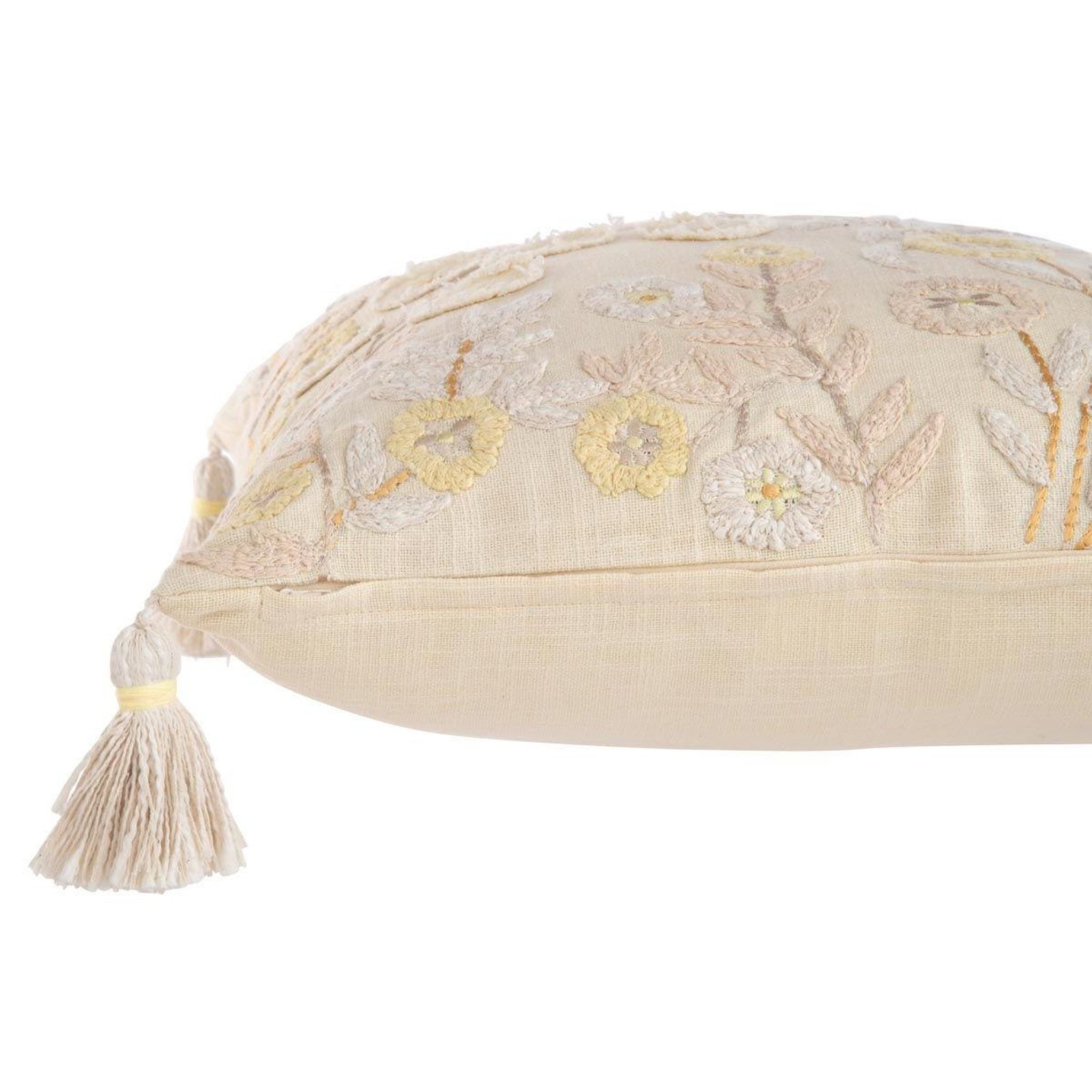 Voir la diapositive 2 : J-LINE Coussin déco à pompons  champêtre  45x45cm jaune clair