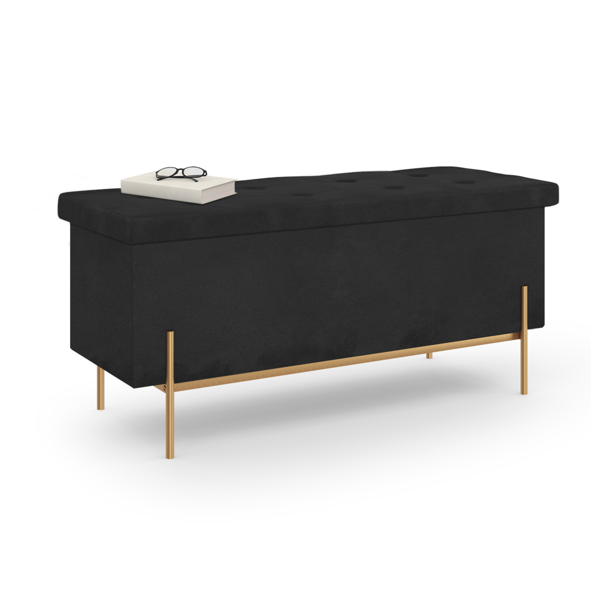 ID MARKET Banc coffre rangement LOUIS avec pieds métal doré 100 cm velours noir