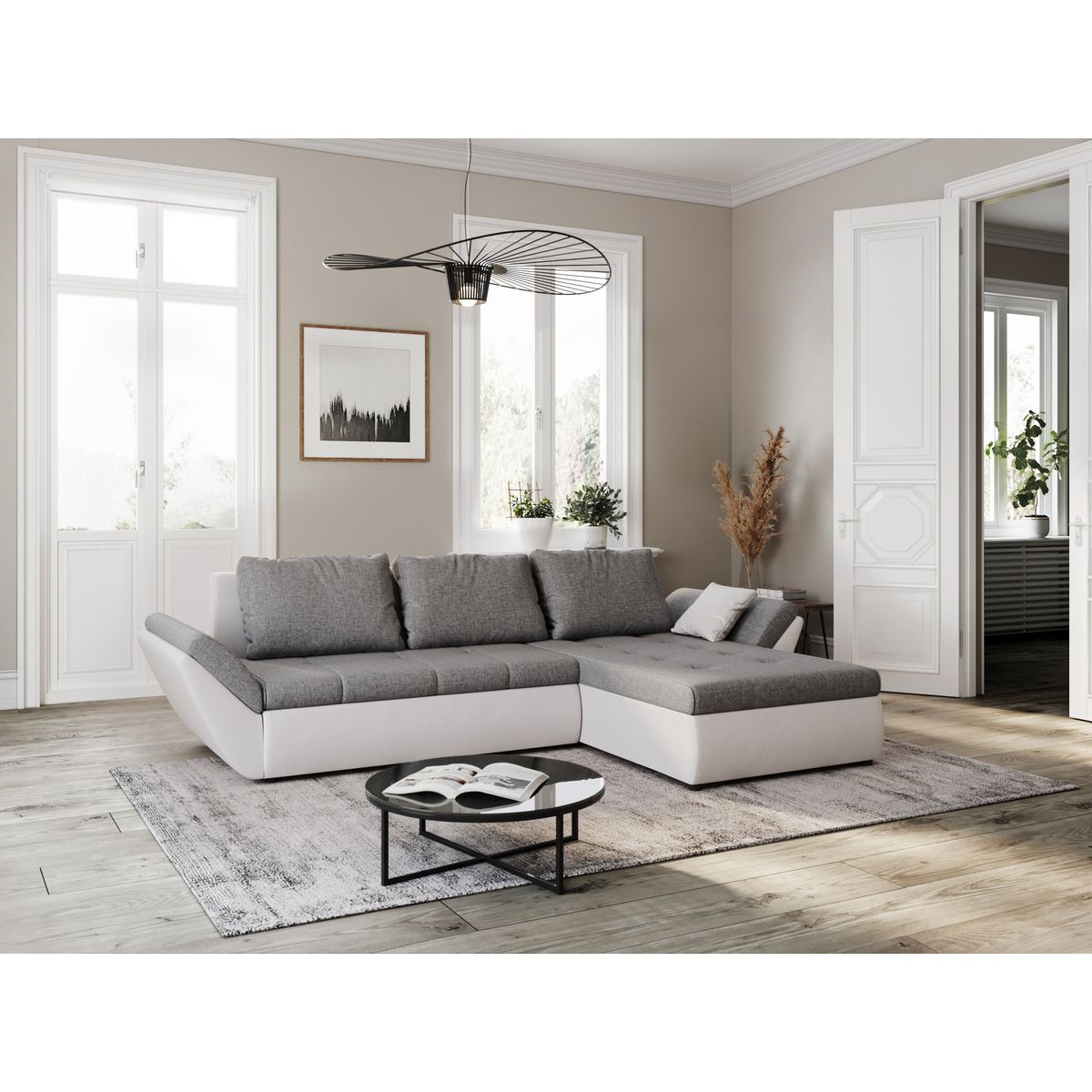 Canapé d'angle réversible convertible en Pu blanc et tissu gris ALIX