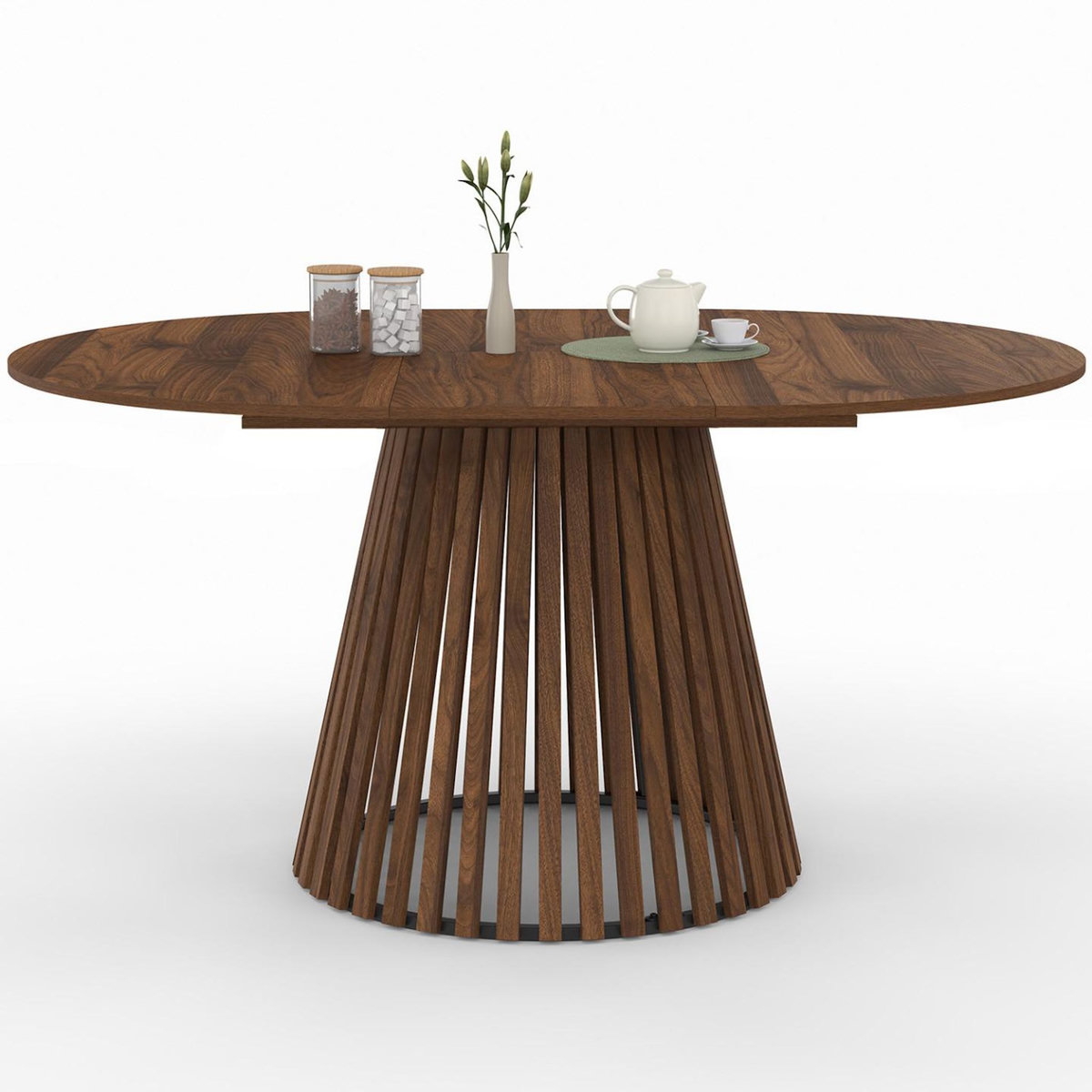 ID MARKET Table à manger extensible ronde CARMEN 4-8 personnes pied noyer en lattes et plateau noyer 110 - 150 cm