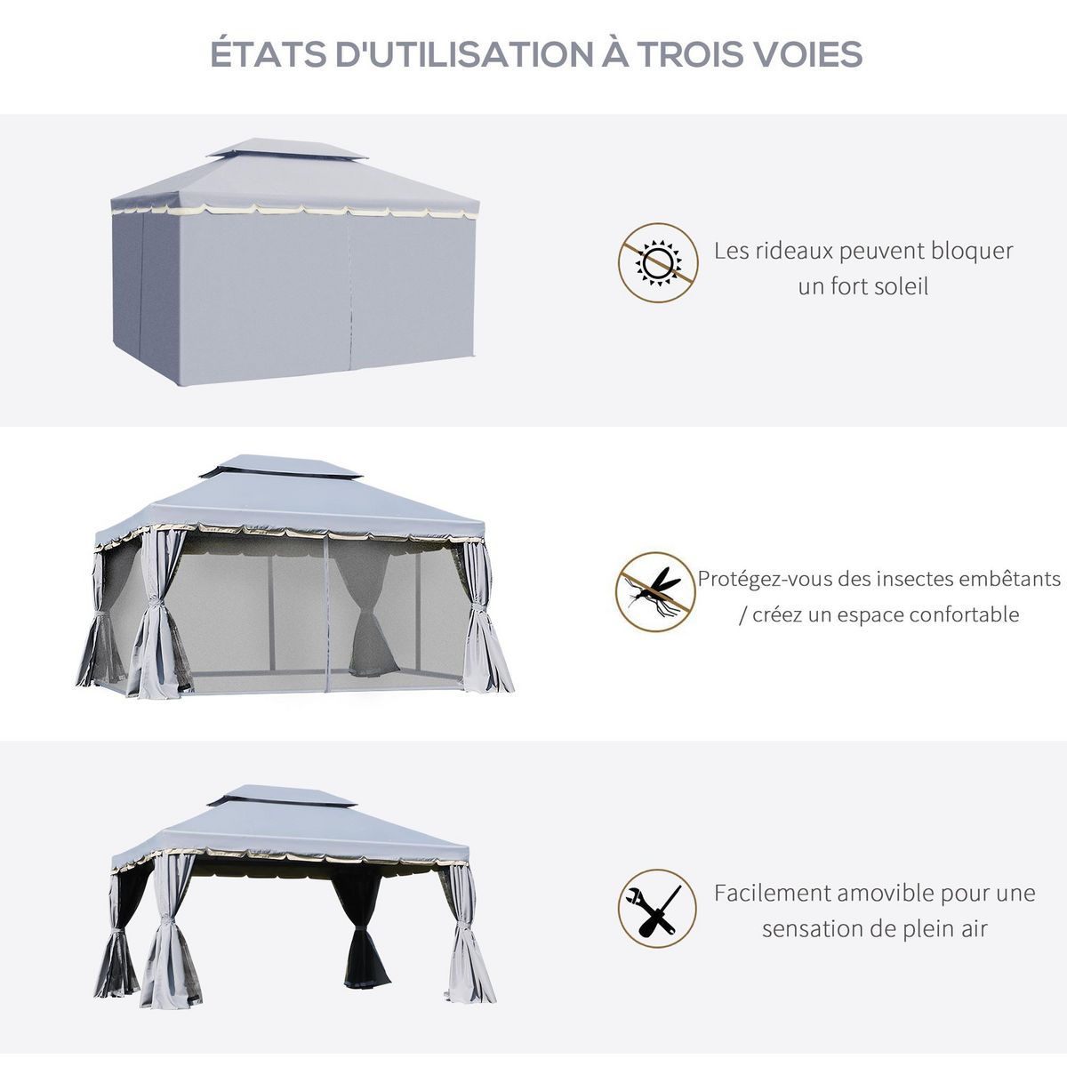 OUTSUNNY Tonnelle barnum pavillon de jardin style colonial double toit toile moustiquaires et toiles amovibles 3,9L x 2,9l x 2,8H m gris